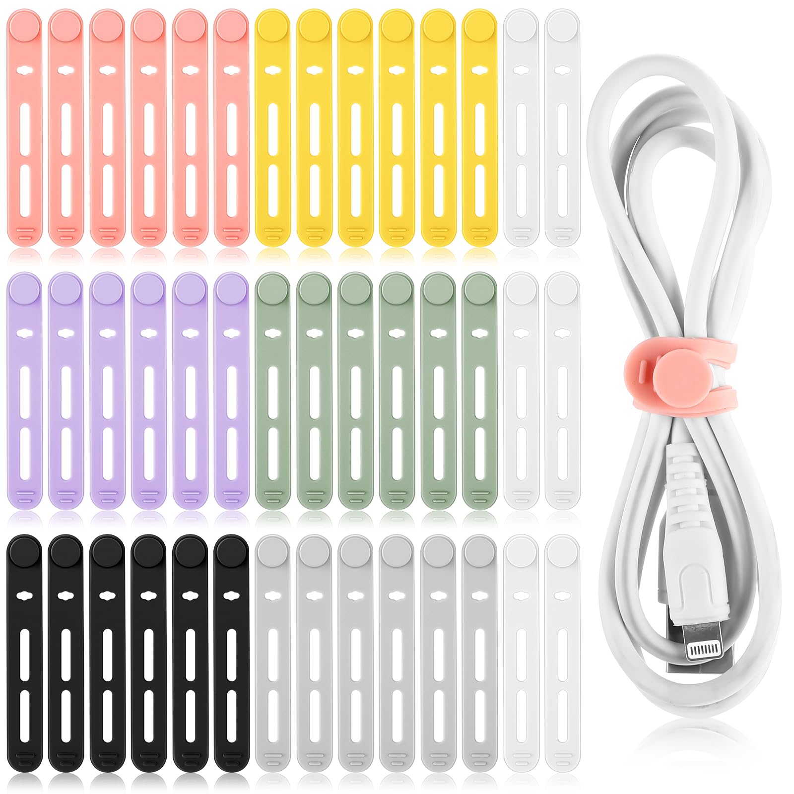 Tellegloww 42 Pcs Silicone Cable Ties Reusable Cord Straps Multipurpose Elastic Cable Organizer for Bundling Fastening Earphone Phone Charger Home
