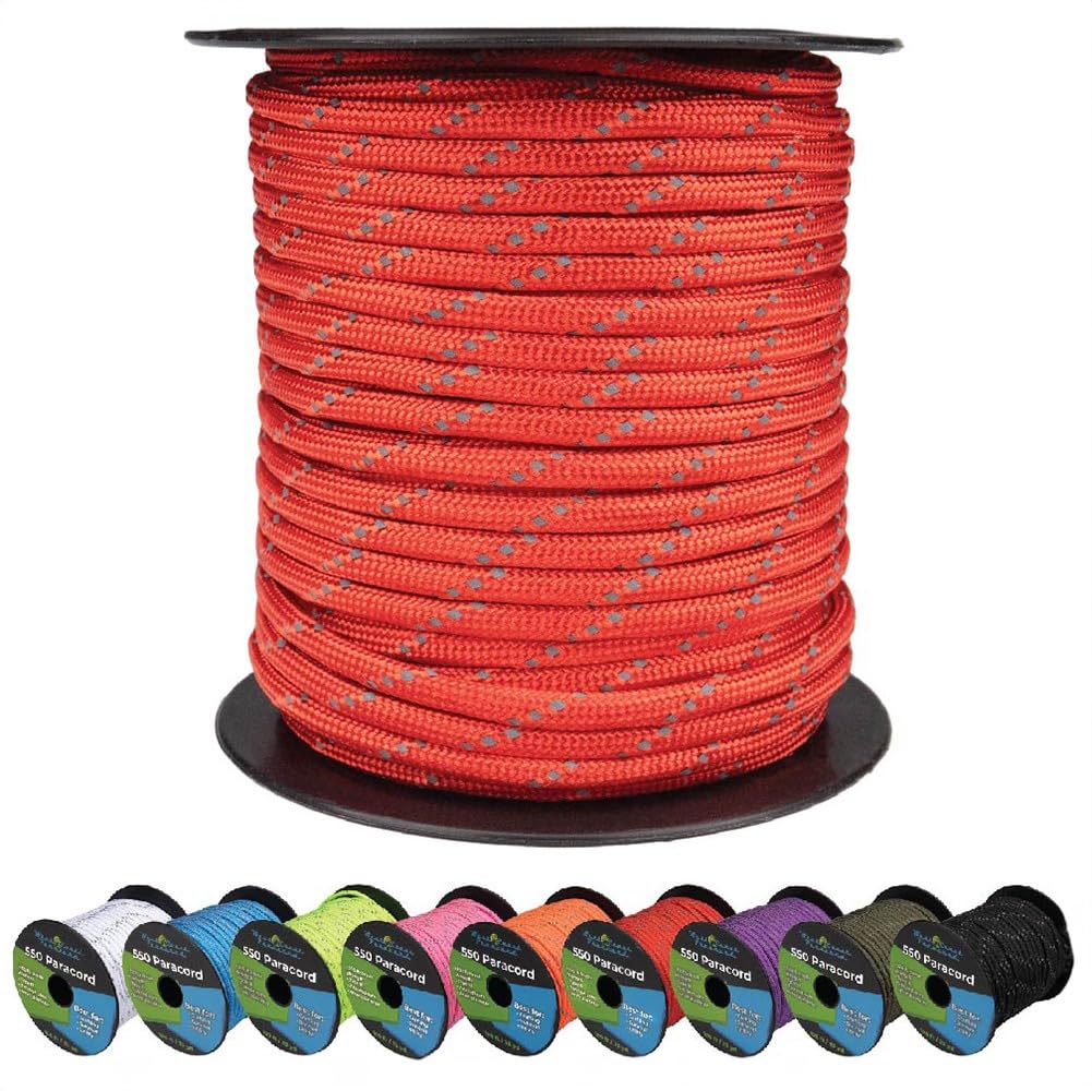 West Coast Paracord Reflective 550lb Paracord – 7 Strand Type III Tactical Parachute Cord for Hiking, Camping, and Fishing – Reflective Red (50 ft)