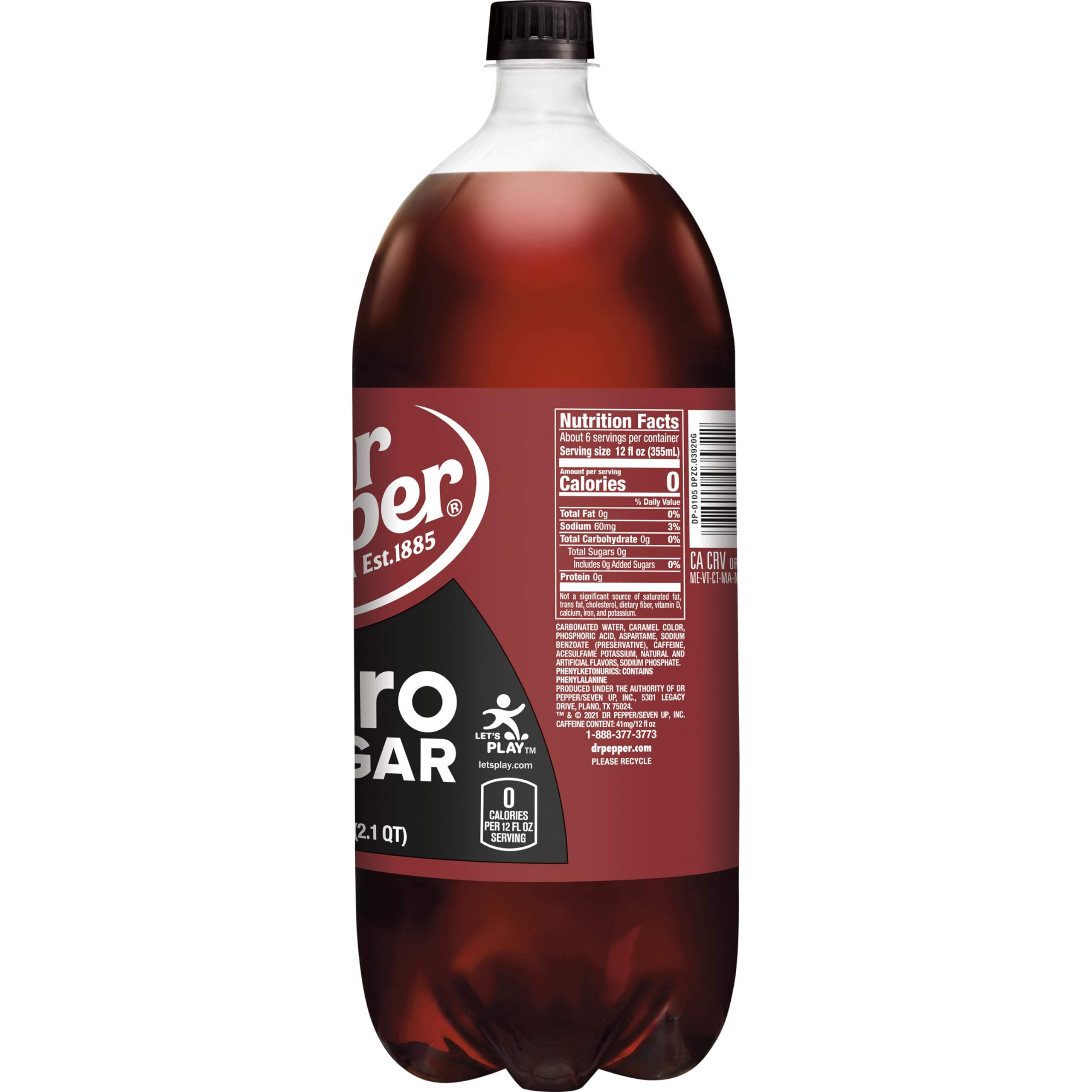 Dr Pepper Zero Sugar Soda, 2 L bottle