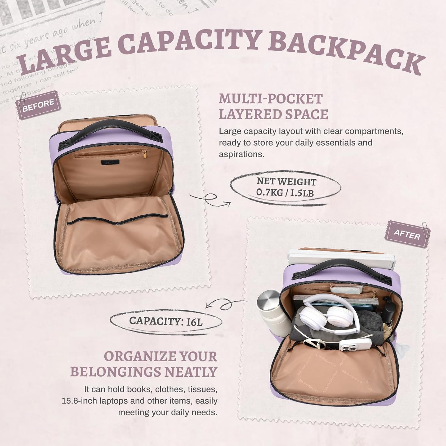 GOLF SUPAGS Imitation Leather Backpack for Women Men Multi-Functional Water-Resistant Casual Daypack for Work, Travel & College Fits 15.6 Inch Laptop (Purple)