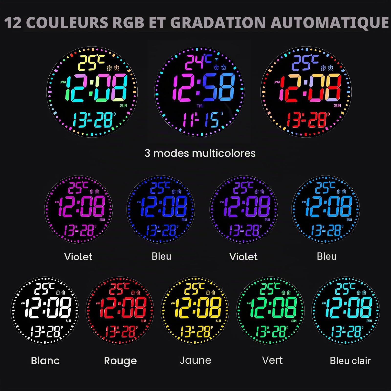SUNOYA Horloge murale numérique, 30,5 cm, avec veilleuse, alarme, télécommande, 12 couleurs RVB, horloge LED, luminosité automatique, affichage de la température, horloge numérique pour chambre à