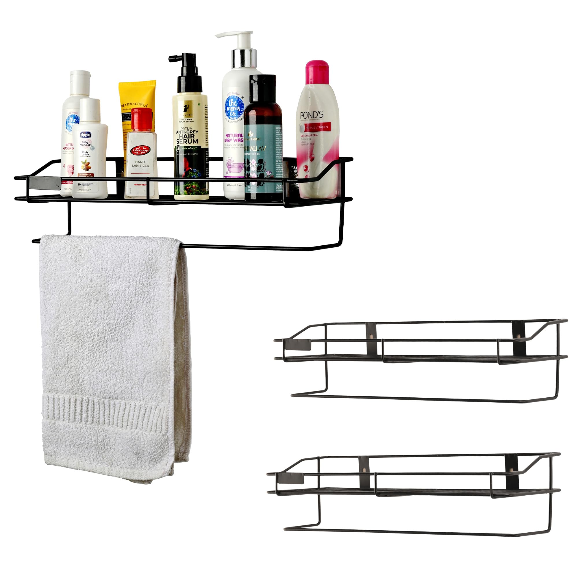 Kuber Industries Pack of 3 Metal Bathroom Shelf for Wall - Washroom Organizer Shampoo Holder Stand & 14 Inch Kitchen Storage Rack - Black-picture-25