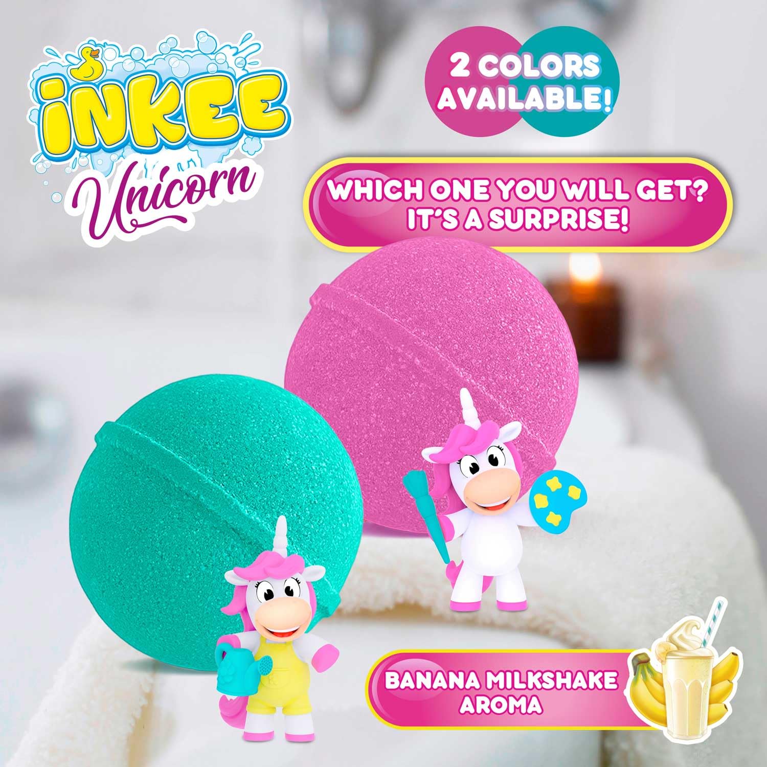 INKEE Surprise UNICORN PROFESSIONS | 3x Bomby do Kąpieli dla Dzieci z Niespodzianką – 3 z 6 Jednorożców do Zebrania – 3x 100g Kule do Kąpieli z Aromatem Koktajlu Bananowego i Olejem Jojoba