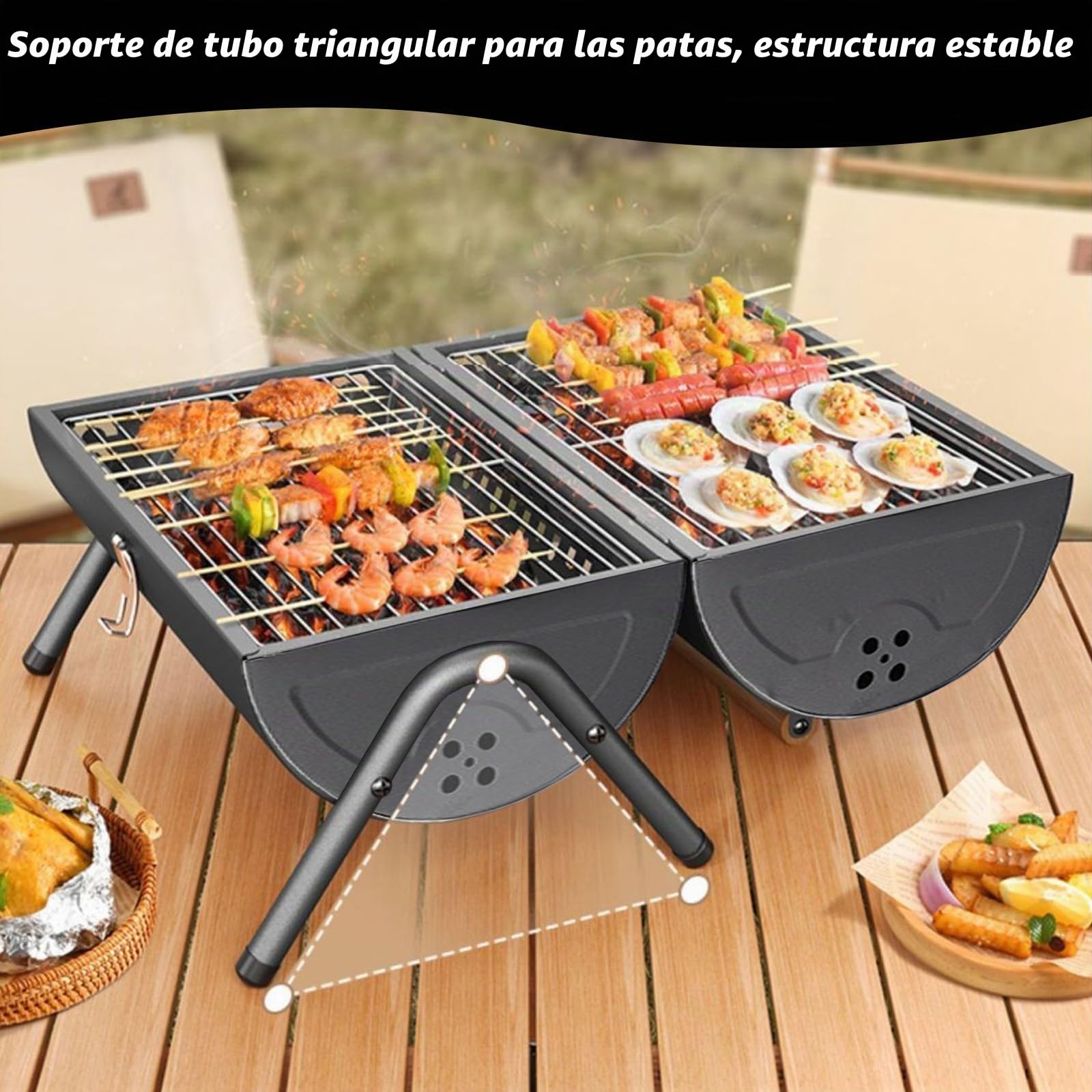 Barbacoa de carbón de doble cara portátil, pequeña parrilla de carbón vegetal para asar y asar, parrilla de mesa ligera para camping al aire libre picnic