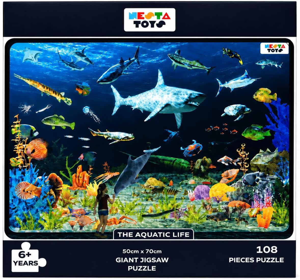 Aquatic Life Jigsaw Puzzle (108 Pcs) | Giant 70x50cm Floor Puzzle | Marine Creatures & Ocean Habitats | 2.5mm Thick Laminated | Science Learning Toy | Gift Age 6+