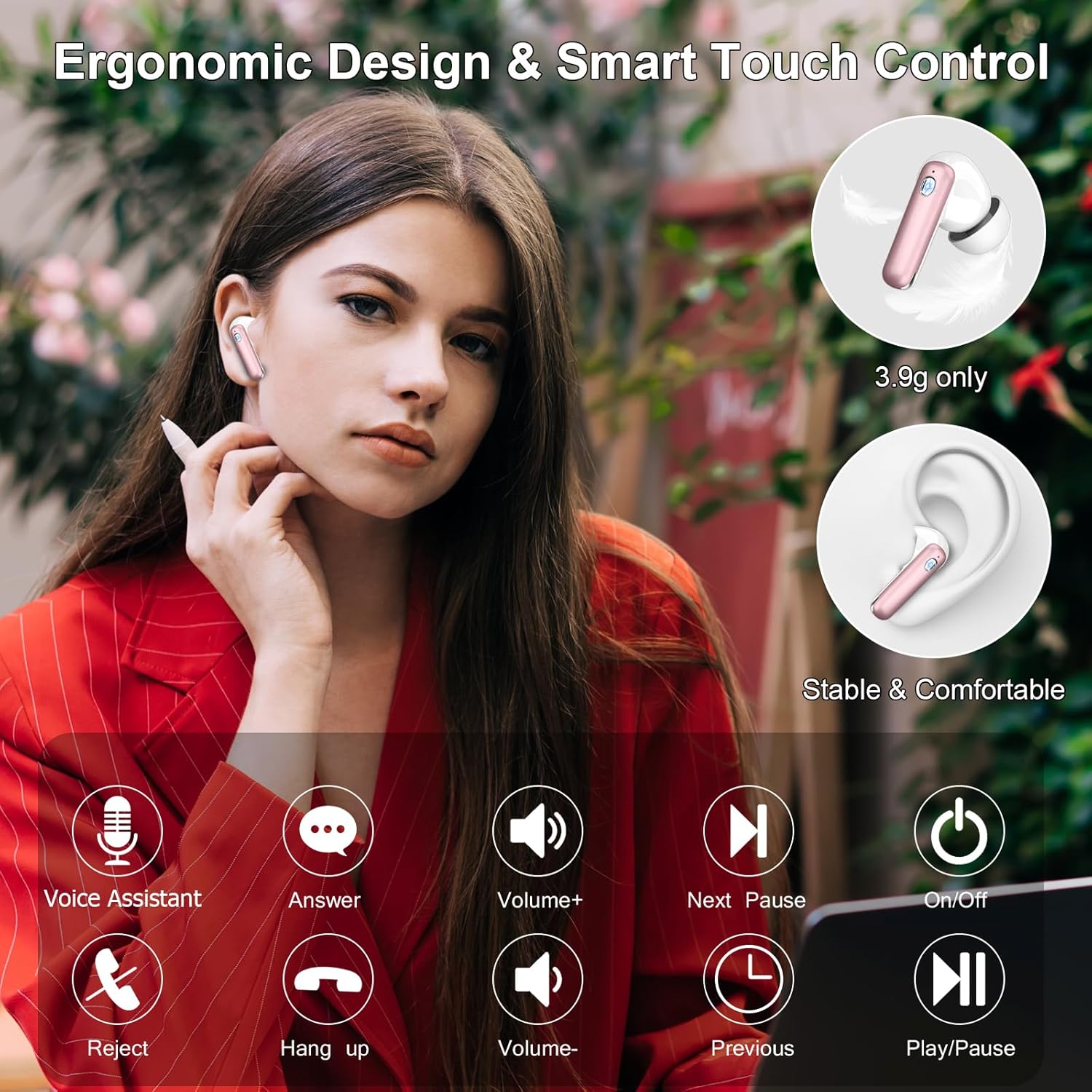 Wireless Earbuds, Bluetooth 5.4 Headphones with 4 ENC Noise Cancelling Mic, 45Hrs Playtime Bluetooth Earphones HiFi Stereo Deep Bass, in Ear Earbuds IP7 Waterproof, Wireless Headphones Rose Gold