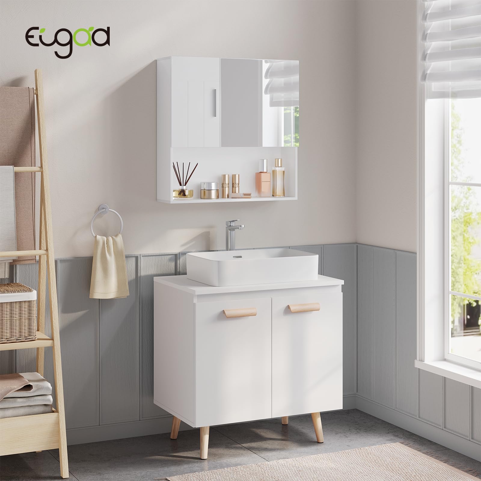EUGAD Armario Baño de Pared, Mueble Baño con Espejo, Armario Colgar de Baño con Puerta y Estante Ajustable, 4 Compartimentos Interiores y 1 Abierto, MDF, Blanco