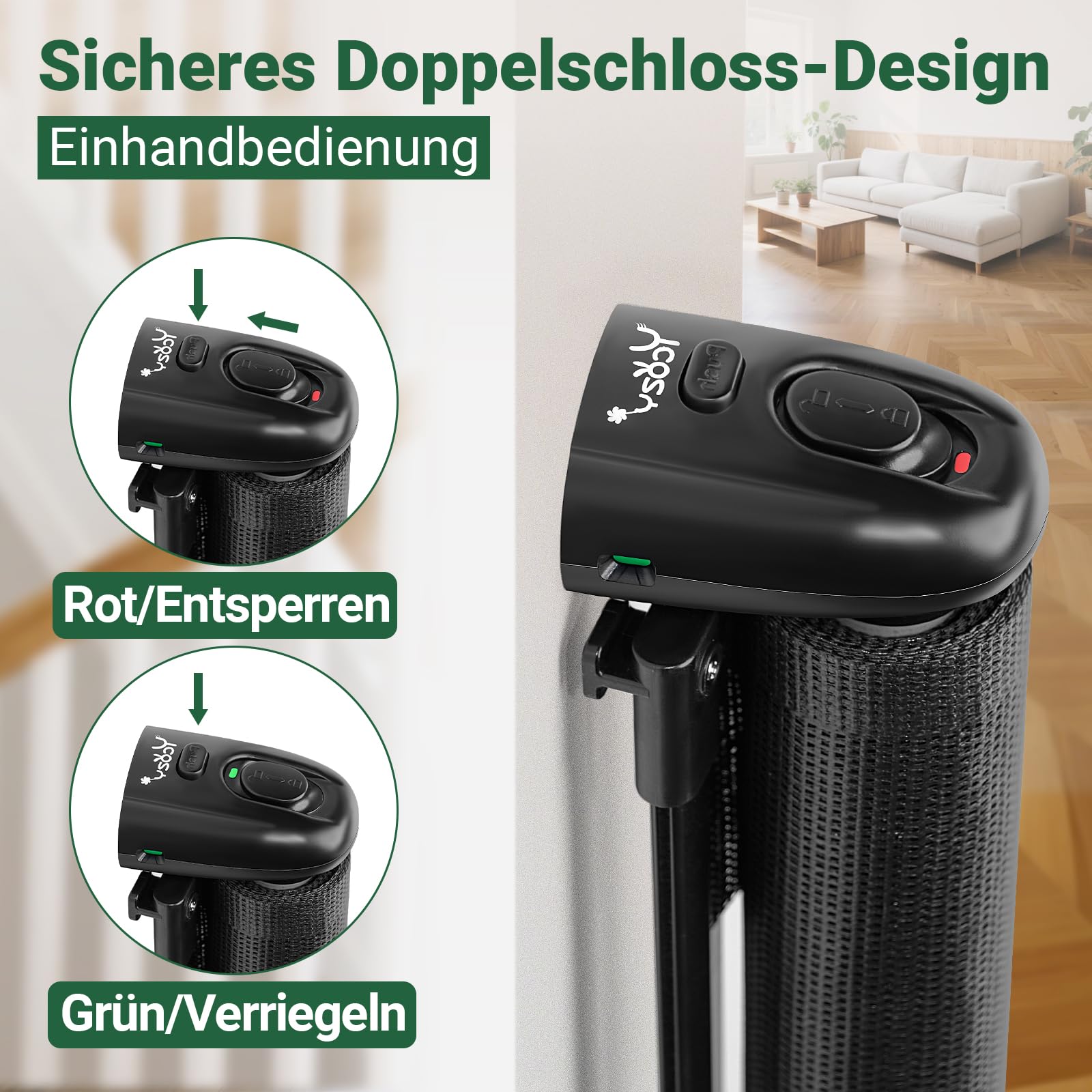 Türschutzgitter Ausziehbar mit Stützstangen Treppenschutzrollo (Schwarz, 300cm-1. Serie)