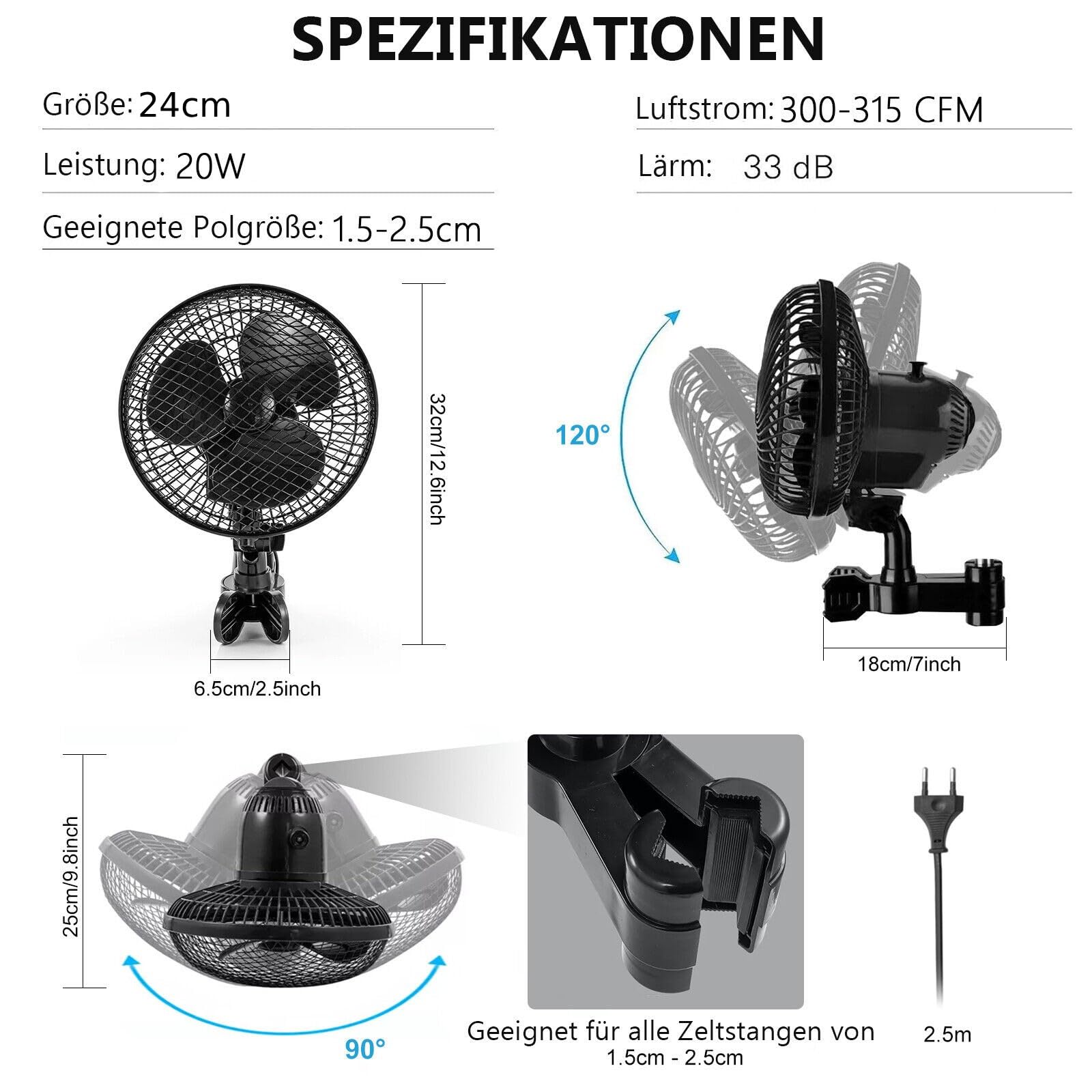 Grow Ventilator Oszillierend, 20 W Clip Ventilator Klemmbar, für Grow Zelt (1 Stück)