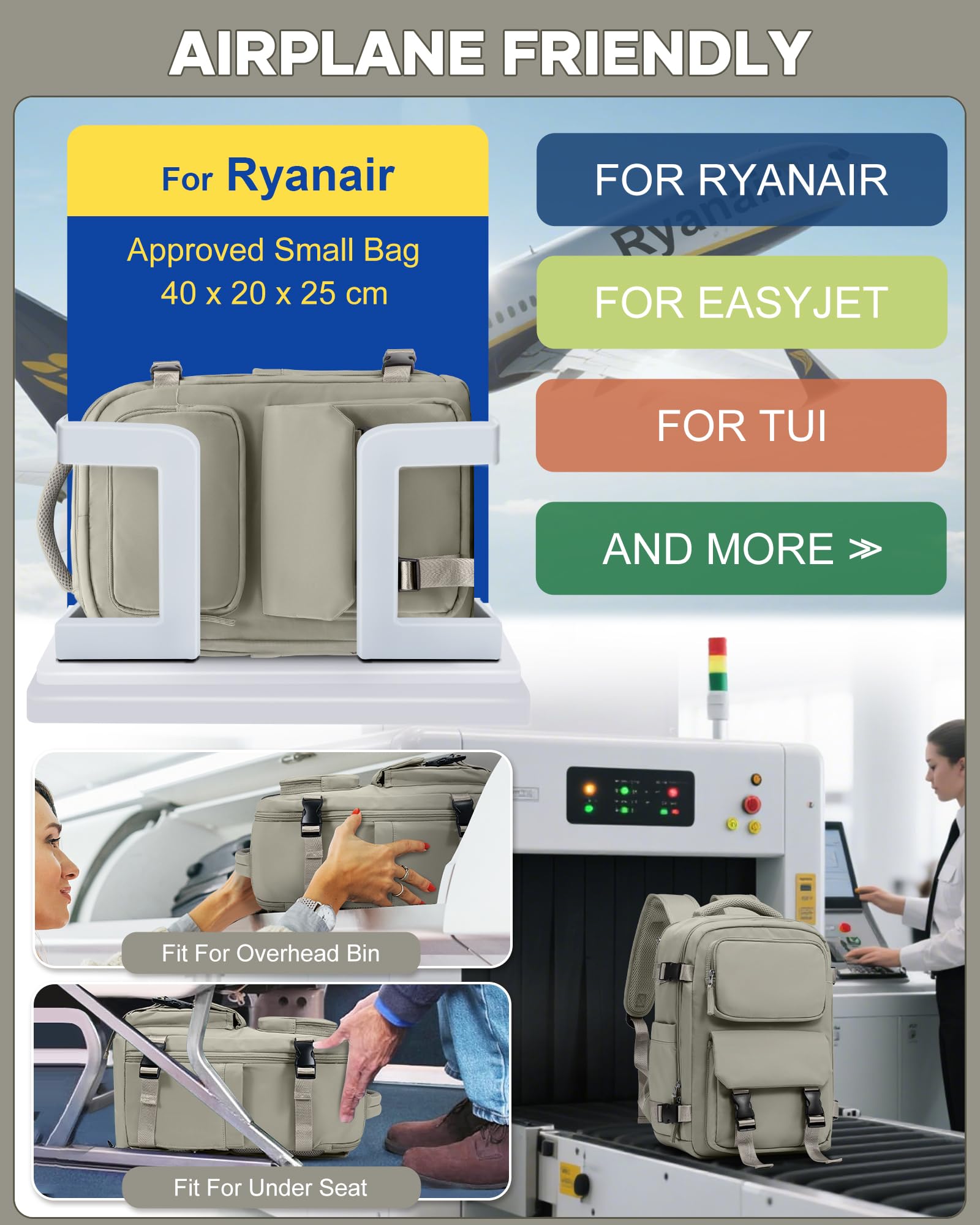 SZLX Zaino Ryanair 40x30x20 Sottovuoto con Pompa Zaino Ryanair 40x20x25 Donna Zaino da Viaggio Wizzair Bagaglio a Mano Uomo per Laptop da 14 Pollici Borse da Cabina 45x36x20 Easyjet con Porta Scarpe