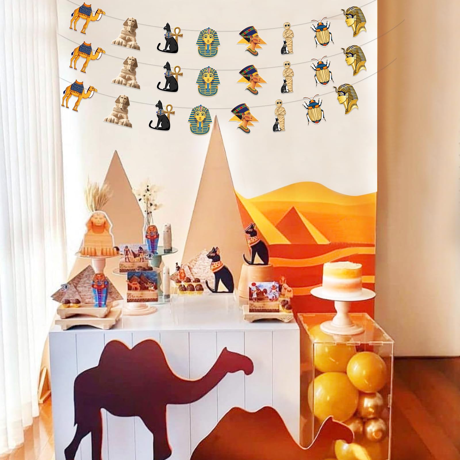 Decoración Fiesta Temática Egipto - Guirnalda 'Feliz Cumpleaños' Con Pirámides, Faraones Y Momias, Para Cumpleaños O Eventos
