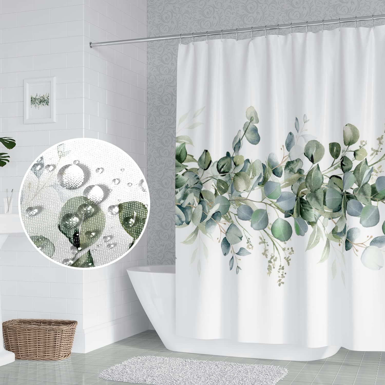 Green Eucalyptus Leaves Shower Curtain Watercolor Leaf Modern Minimalist Bathroom Decor Shower Curtain Extra Long 84 Inch Polyester Waterproof Unique Tub Curtain with 12 Hooks