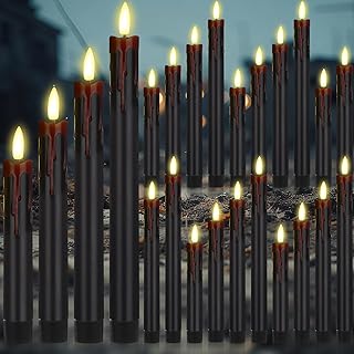 Macarrie 24 Pcs Flameless Taper Candles LED Battery Operated 6.5'', 7.7'', 8.8'', 10'' 3D Flickering Flame Candlesticks Drip Wax Shaped Candles for Halloween Christmas Wedding Decor(Black and Red)