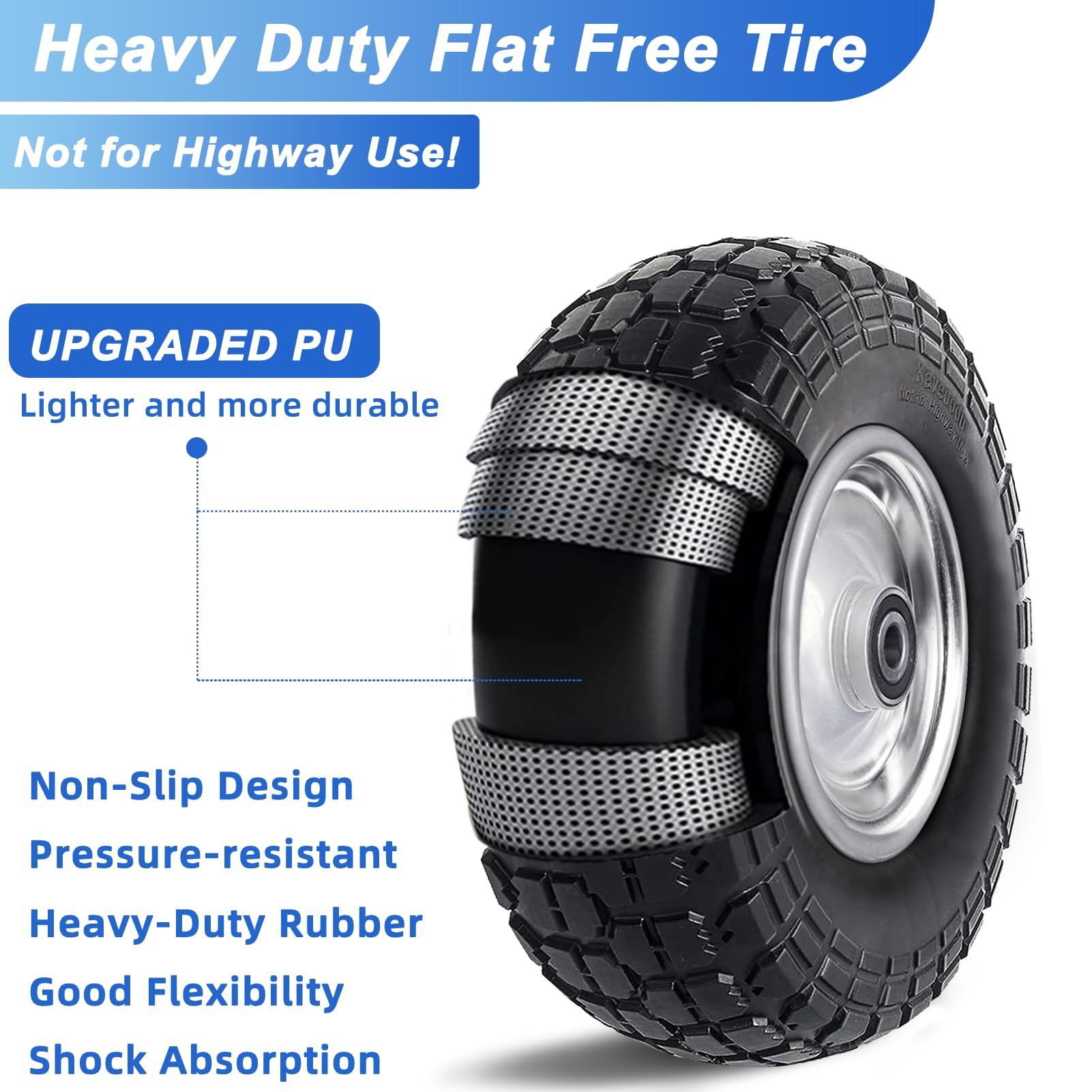 12'' Flat Free Tires Rubber Replacement Solid Tire and Wheel Assemblies for Hand Trucks Garden Cart Wheelbarrow - 3.5”Wide Polyurethane Tires 2.1 Hub with 5/8 Inch Axle Borehole Silver — Amazon image 3