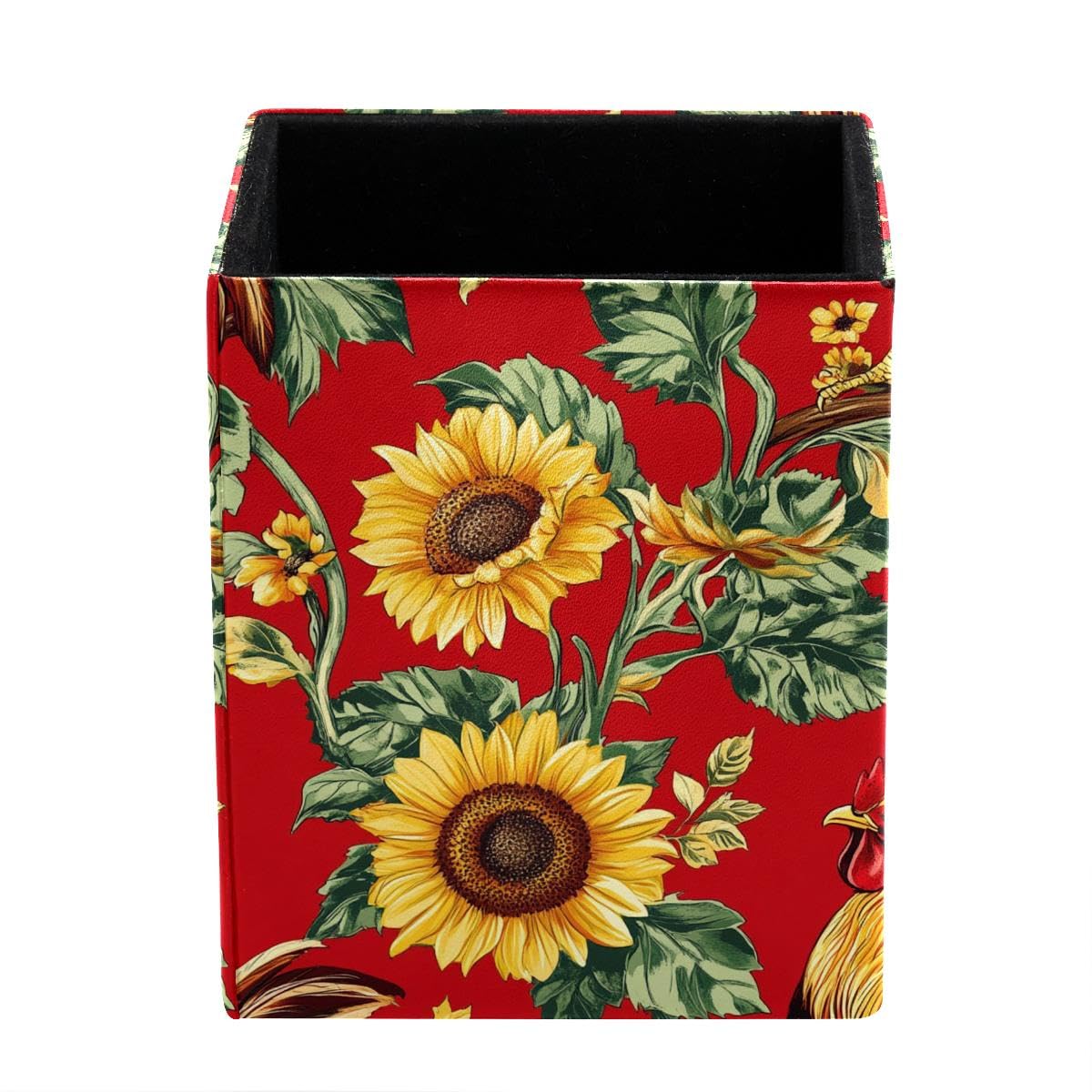 HEOEH Sunflower Rooster Pen Holder Pen Pot, Square Pencil Cup for Desk