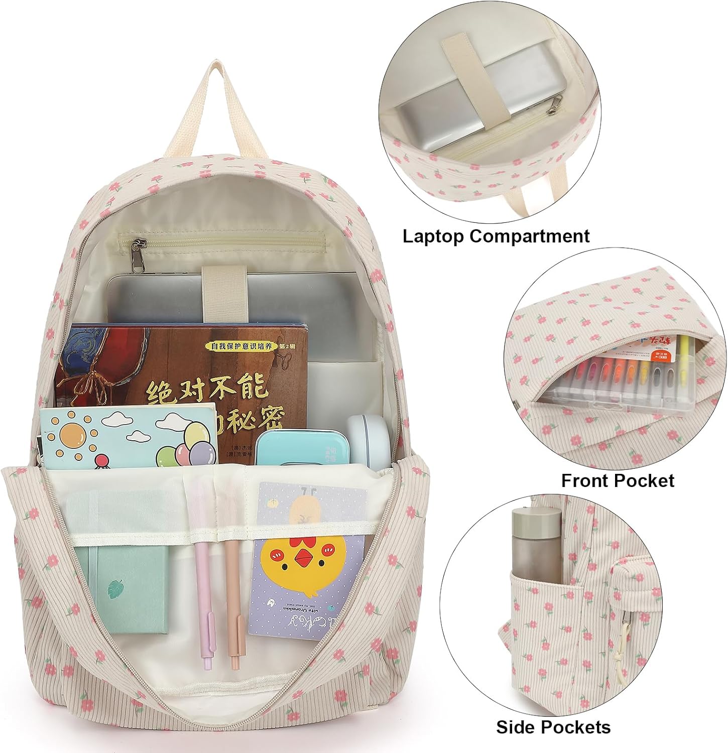 Corduroy School Backpack Girls Kids Teens School Bookbags Schoolbag Set with Lunch Box Pencil Bag