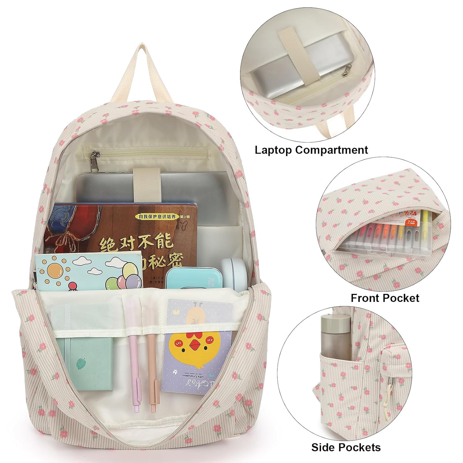 Corduroy Girls Backpack for School Women College Bookbags Travel Casual Backpacks (Pink Flower)