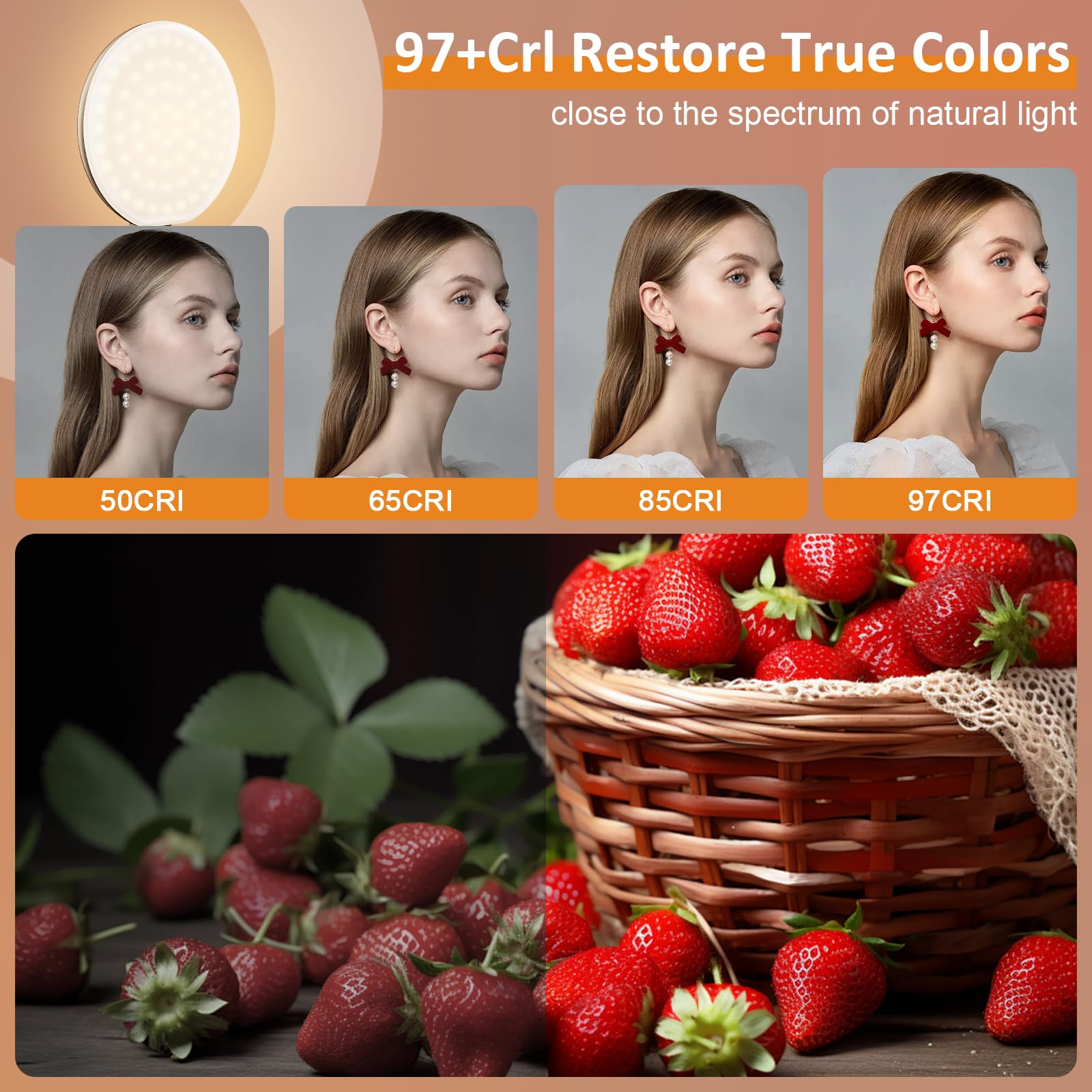 60 LED Ring Light, Rechargeable Selfie With Front & Back Clip, 2500-6500K Portable Phone, Adjustable 3 Modes for iPhone, iPad, Tablet, Laptop, CRI97+, 90 Grams (Black)