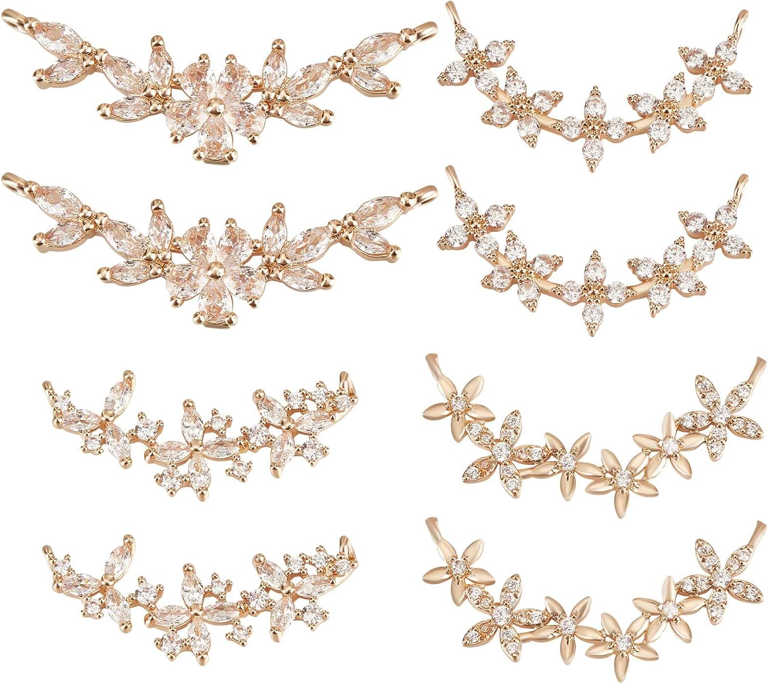 Beebeecraft 8Pcs 4 Styles Cubic Zirconia Links Plum Blossom Flower Connector Charms Floral Bracelet Necklace Connector for DIY Jewelry Making