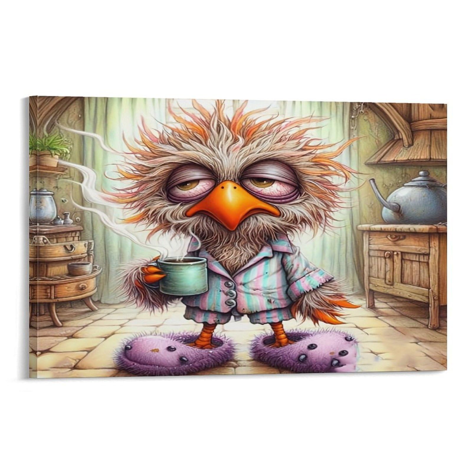 CPLVKWRQJ Sleepy Bird in Pajamas Single Piece Sleepy Owl Pajama Mug Cozy Cottage Kitchen Canvas Art - Kitchen Canvas Wall Decor Removable Multi-Purpose Ready to Hang 20x30inch(50x75cm)