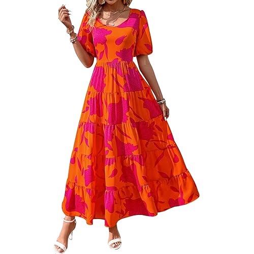 PRETTYGARDEN Puff Short Sleeve Cewneck Floral Long Fall Dresses for Women 2025 Flowy Tiered Hem Maxi Wedding Guest Dress
