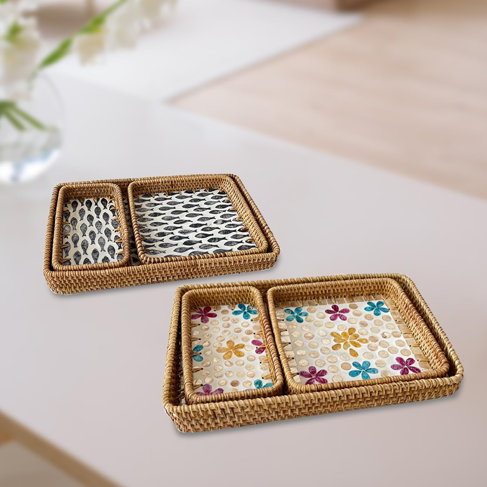 Juego de 3 bandejas cuadradas de ratán tejido con incrustaciones de nácar – Bandeja de mimbre para servir de cocina y hogar para exhibición de mesa y joyería