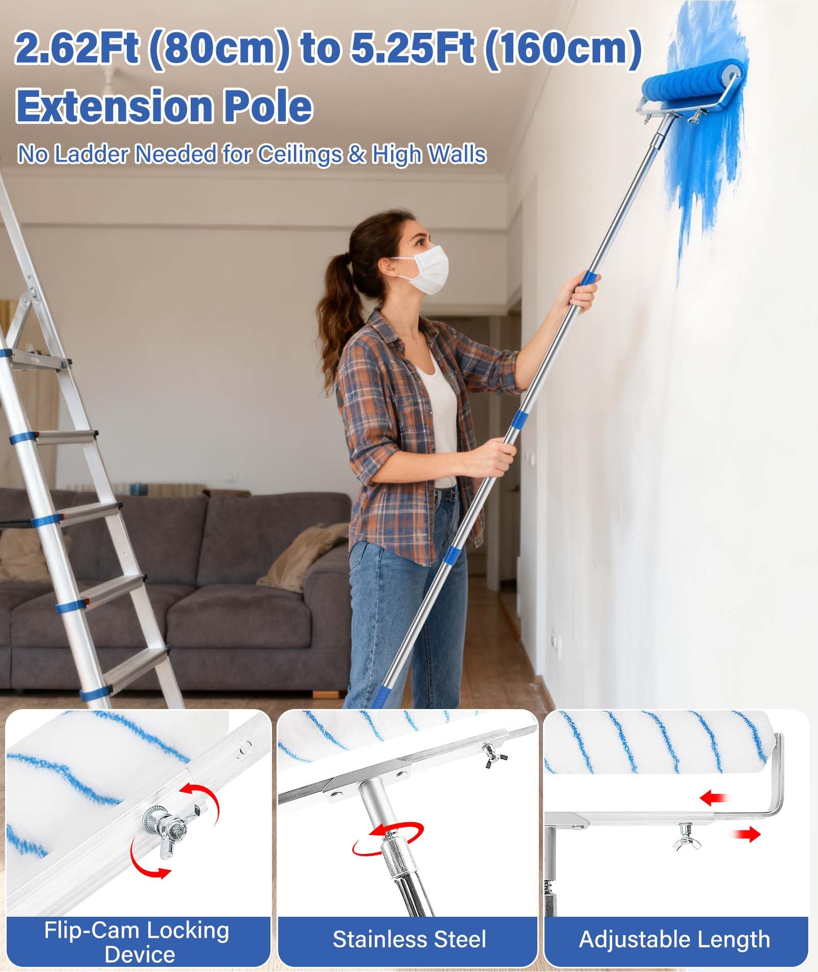 Qivine Kit Rullo per Vernice da 45 cm, Kit per Pittura da 13 Pezzi con 4 Asta Telescopica, Telaio Regolabile, Vaschetta con Ruote, Pennello, Spatola, Miscelatore, per Dipingere Pareti, Soffitti