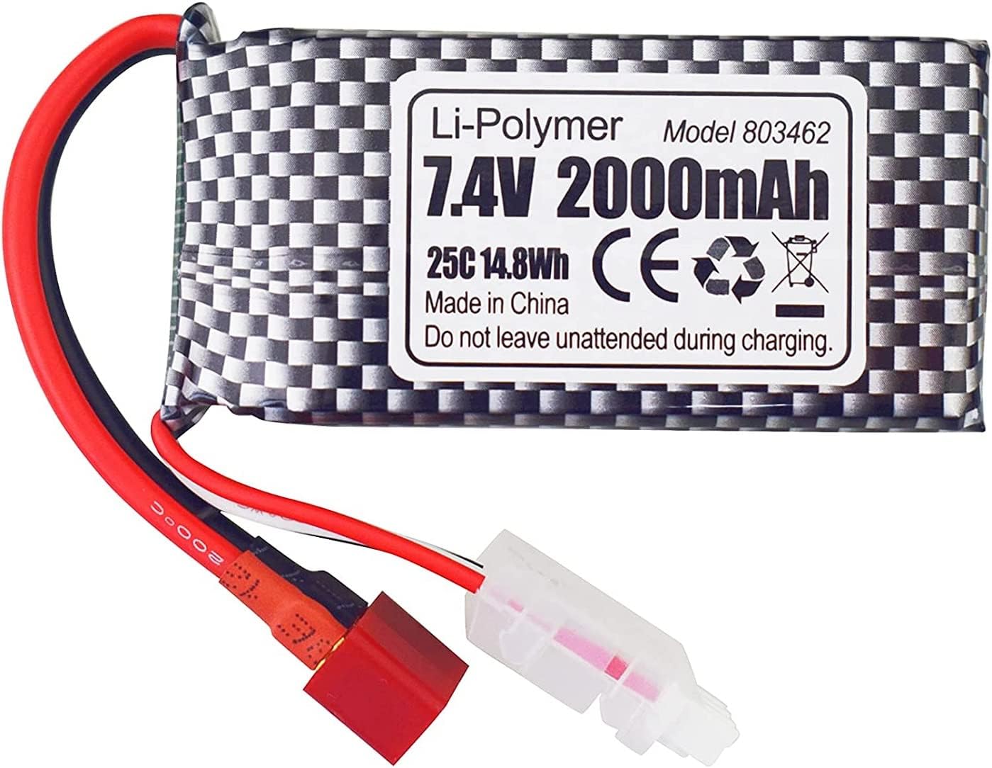 2PCS 7.4V 2000mAh T-Plug Lithium Battery with 2-in-1 Charger for 9200 9200E 200E 9202E 9203E 9204E 9205E 9206E 2995 HB101 YC300 HM101 LG-DJ02 9125 S920 WLtoys RC Car Remote Control Boat