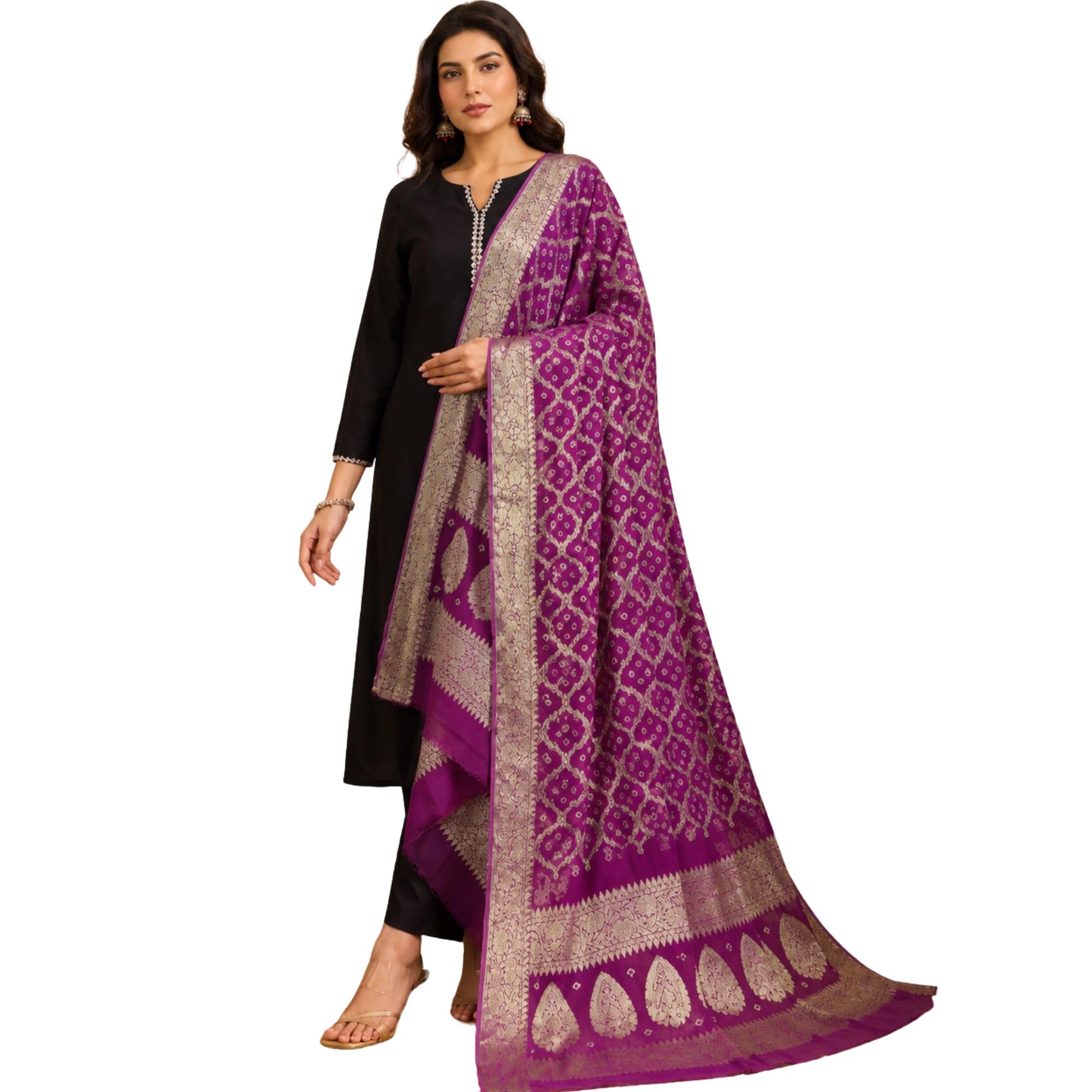 Pure Georgette Bandhani Style Dupatta with Heavy Zari Woven Border for Women Purple-picture-17