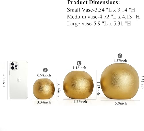 Miniatura 2 de Juego de 3 jarrones de cerámica dorados, modernos jarrones decorativos redondos para el hogar, centro de mesa, boda, comedor, oficina y sala de estar