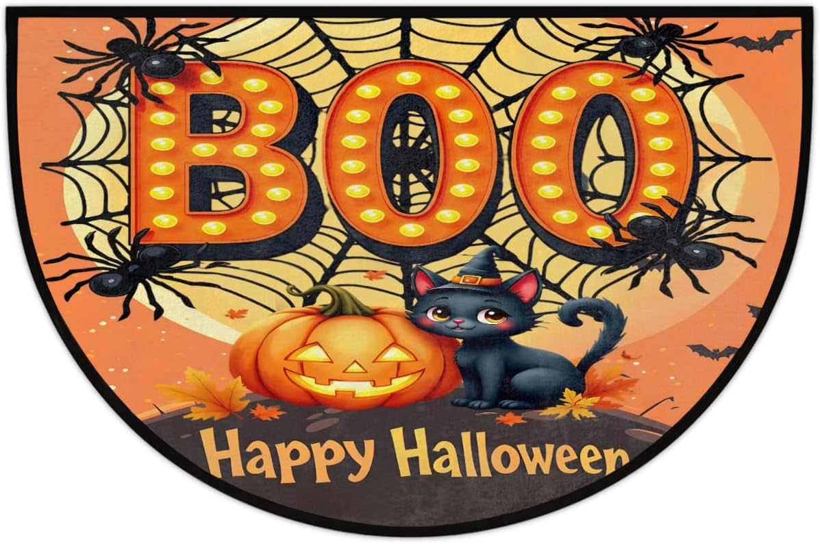 cfpolar Half Round Door Mat Halloween Cat Spider Pumpkin Non-Slip Semi Circle Area Rug Washable Half Moon Hearth Rugs for Indoor Outdoor Bathroom Kitchen Patio Runner Mat Laundry Room Home Decoration