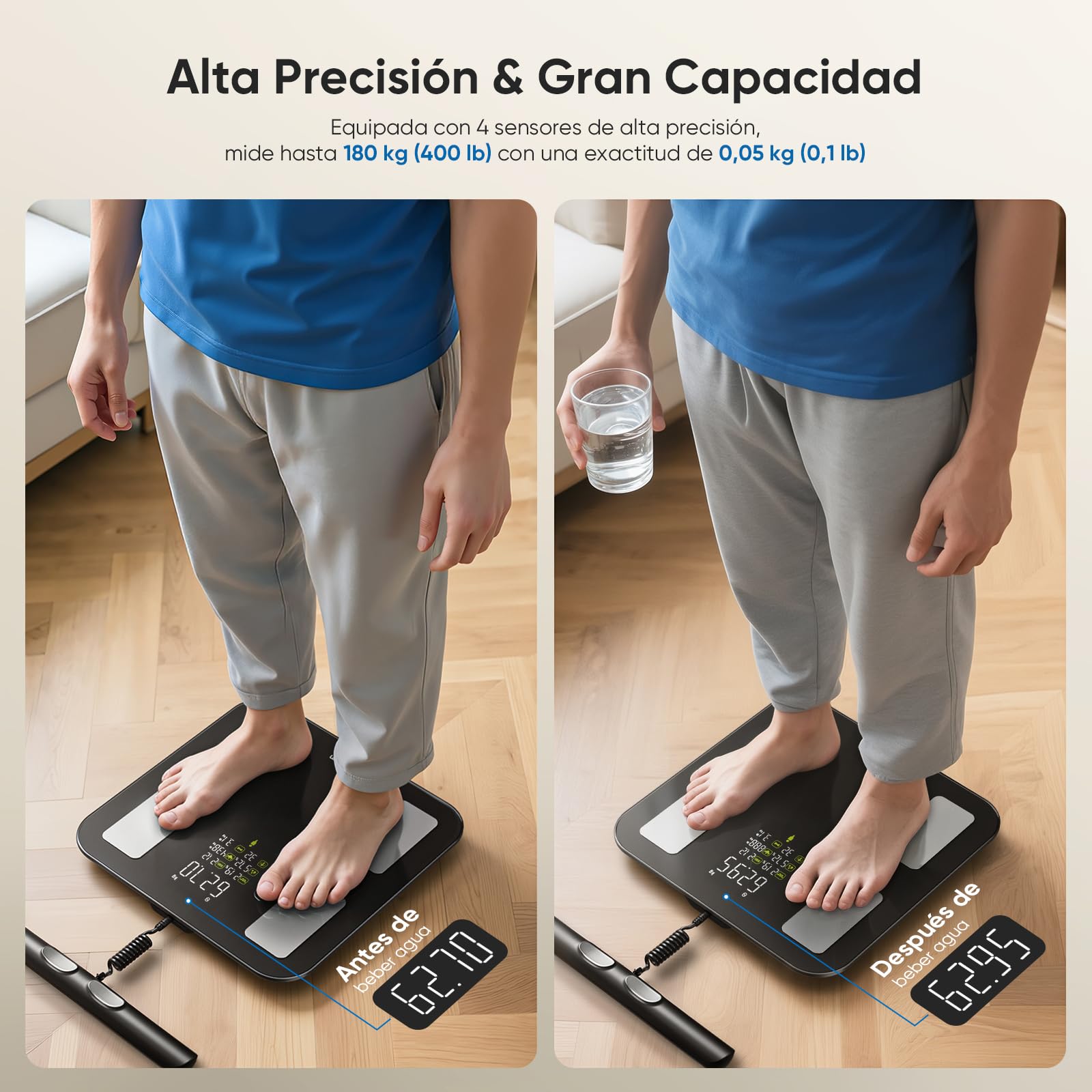 Báscula de Baño Digital 8 Electrodos, Báscula Grasa Corporal Inteligente con Gran Pantalla VA, 28 Métricas, Análisis Corporal BIA Doble Frecuencia, Compatible iOS y Android, 30*30cm, Máx. 180kg/400lb