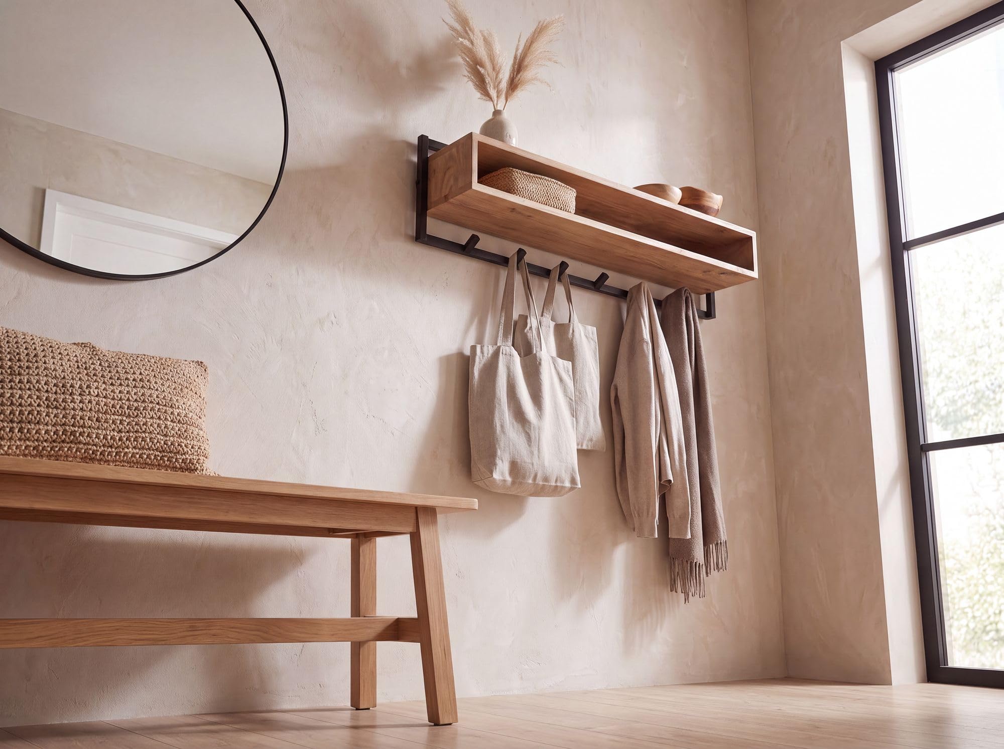FineBuy Wandgarderobe 90 x 30 x 20 cm Akazie Massivholz, 6 Haken Handmade