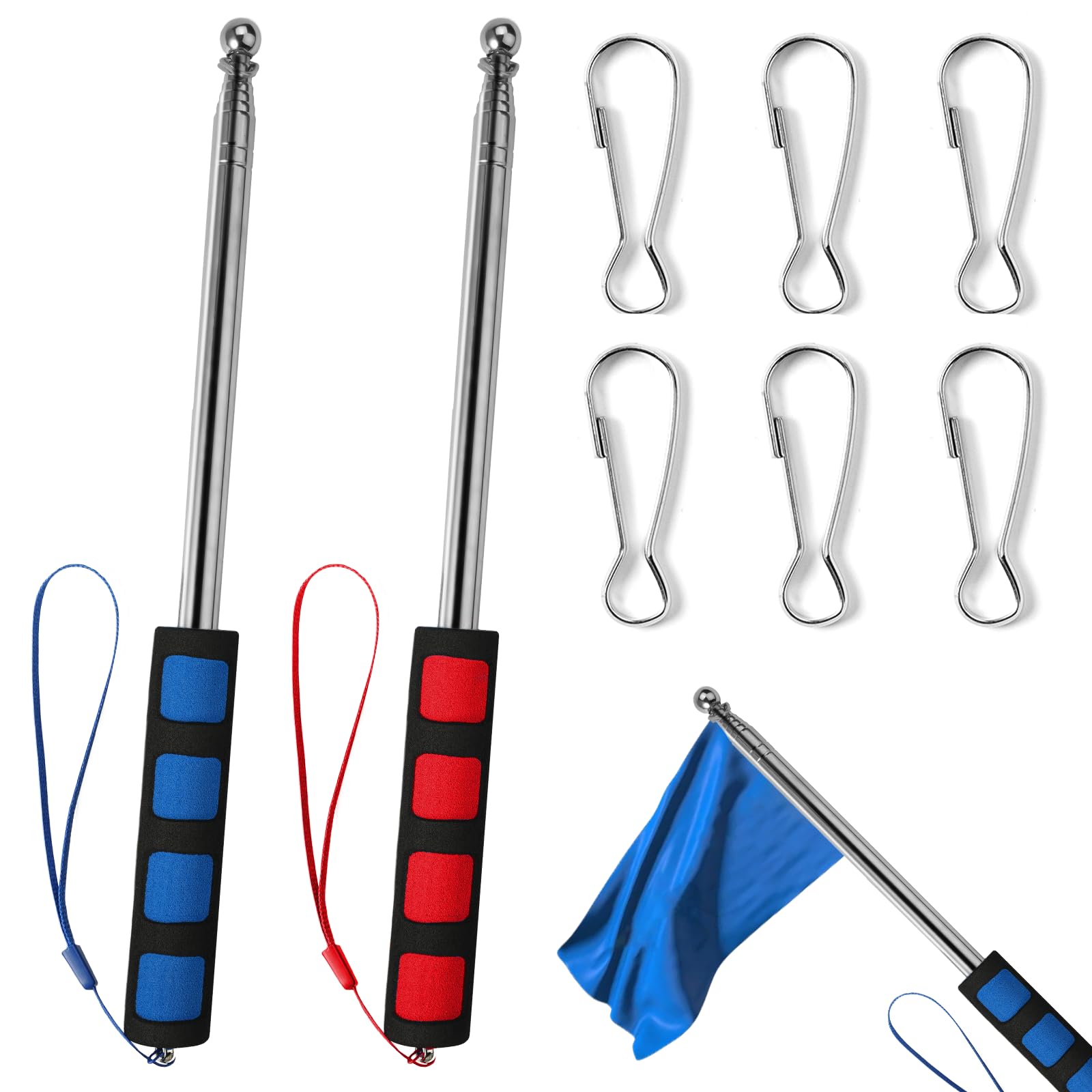 Lot De 2 Mâts Télescopiques 2 M En Inox - Avec 4 Clips, Extensibles, Pour Drapeaux, Randonnée, Camping, Guides