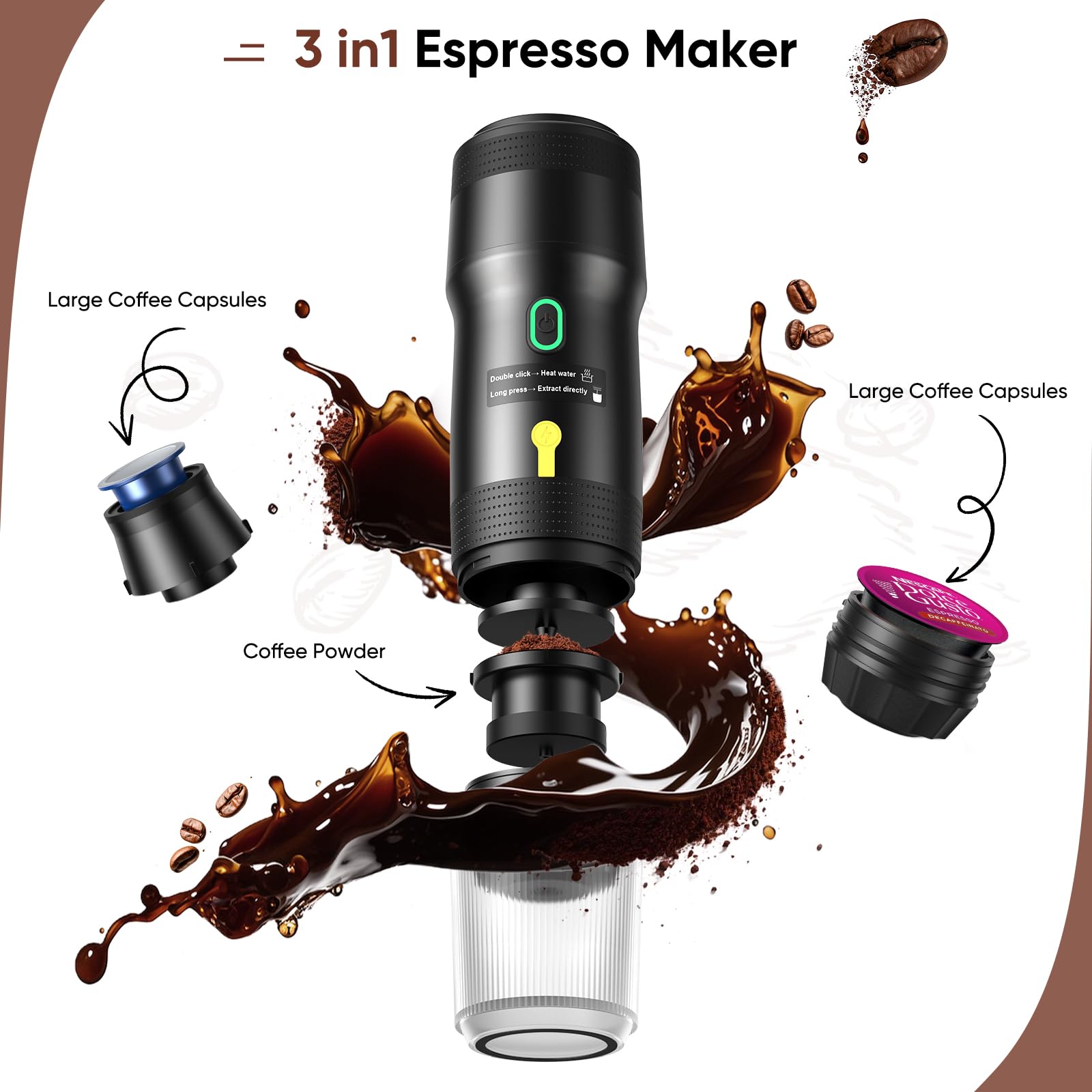 Cafetera espresso eléctrica portátil, autocalentamiento con USB-DC, cafetera de viaje para camping, compatible con cápsulas NS y café molido, cafetera portátil para senderismo, caravana, hogar