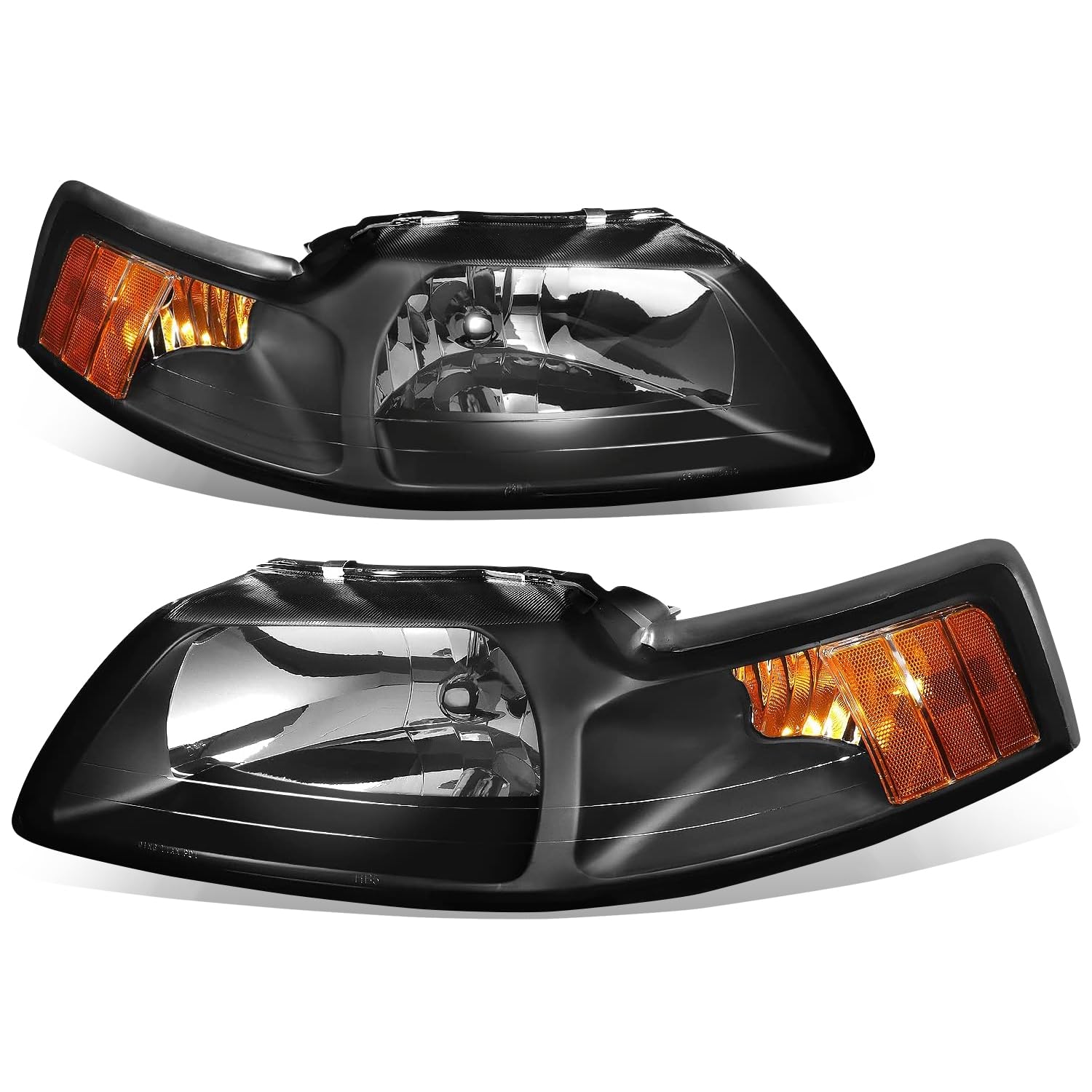 Auto Dynasty Headlights Assembly Compatible with 1999-2004 Ford Mustang New Edge 4th Gen, Driver and Passenger Side Halogen Headlamps Replacement, Black Housing Amber Corner