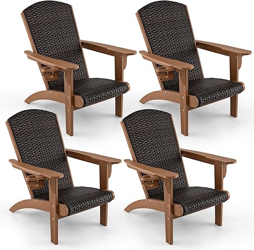 Tangkula Silla Adirondack de mimbre para patio, silla de descanso de polietileno de alta densidad con asiento y respaldo acolchados de ratán,