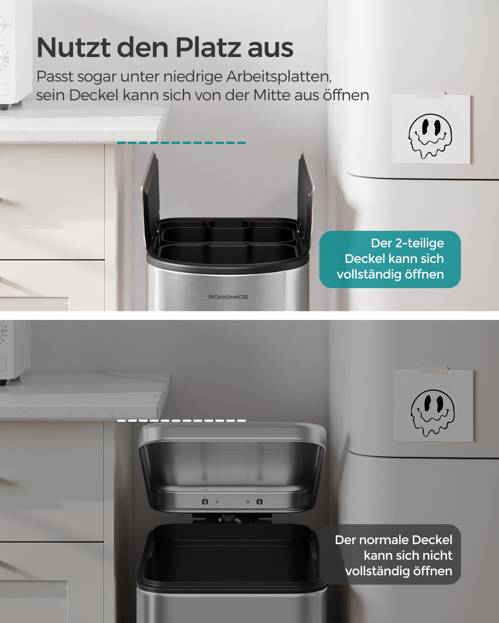 SONGMICS Mülleimer Küche, Mülltrennsystem 2 Fächer, 30 L und 20 L, schmaler Abfalleimer, Treteimer für Recyclingmaterialien und Abfall, mit 2-teiligem Deckel, metallicsilber LTB570E50