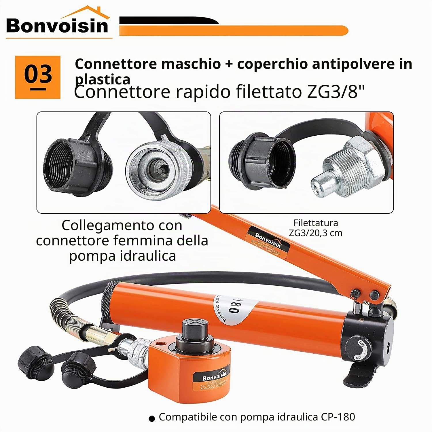 Bonvoisin DFPY-20T Martinetto Idraulico con Pompa CP-180 | Utilizzo Multidirezionale Per Tutti i Sollevamenti, Adatto a Spazi Ristretti, Per Lavori Industriali