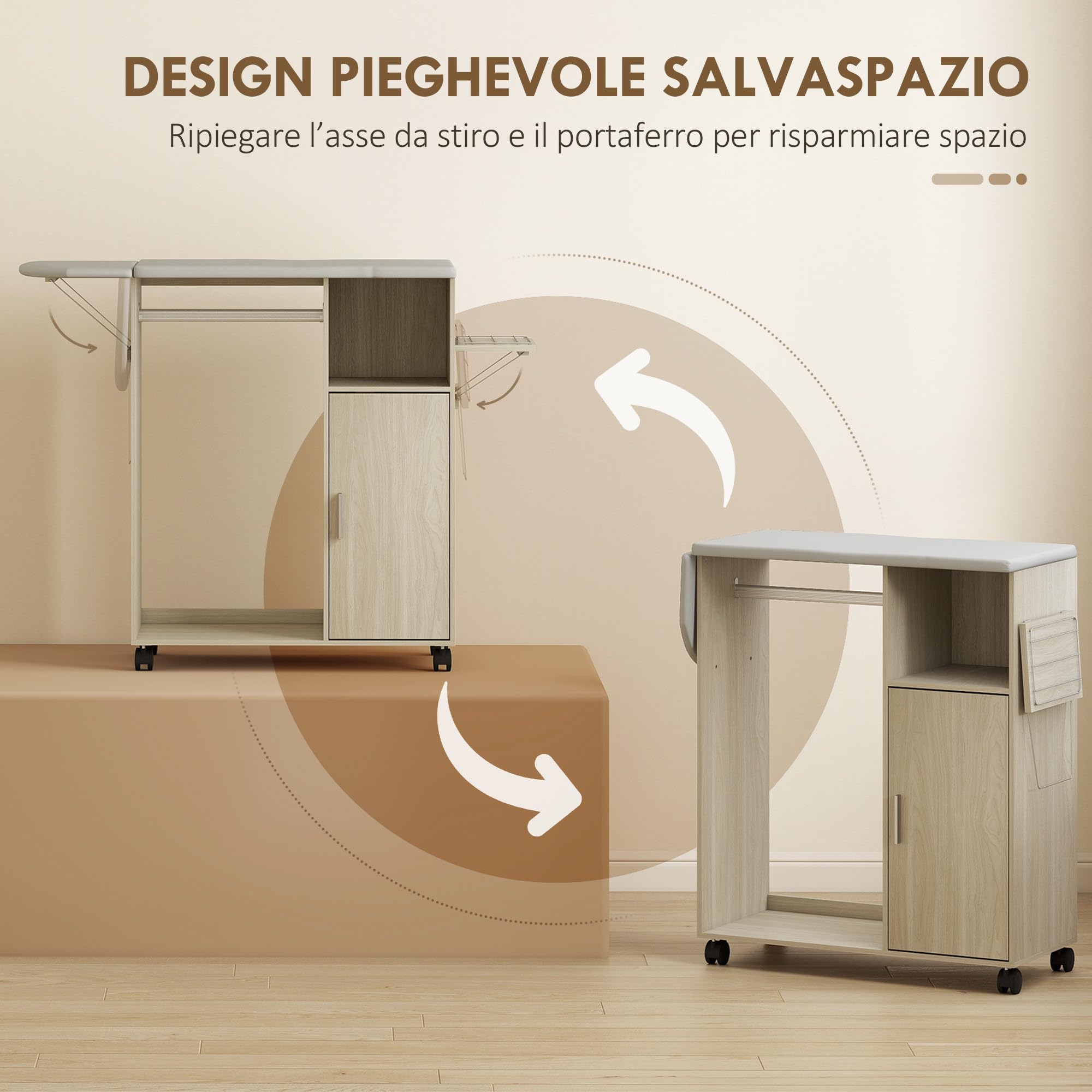 HOMCOM Table à Repasser Pliable avec roulettes à Frein et Porte-Fer à Repasser, Meuble à Repasser Multifonctionnel avec Barre à cintres, étagères réglables, pour buanderie, Salle de Bain, 127 x 42,5