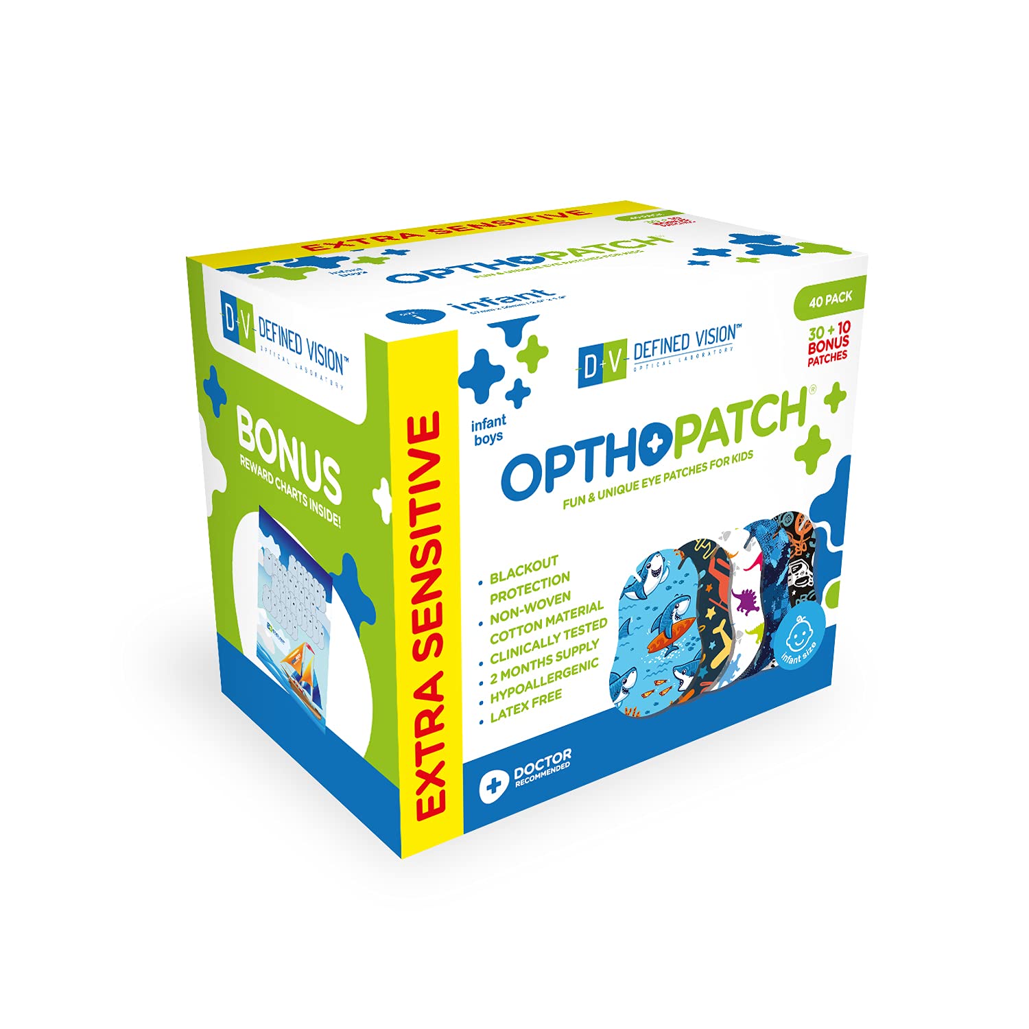 Opthopatch Extra Sensitive Adhesive Eye Patch for Boys Infant 40 Pack Series II + Rewards Chart