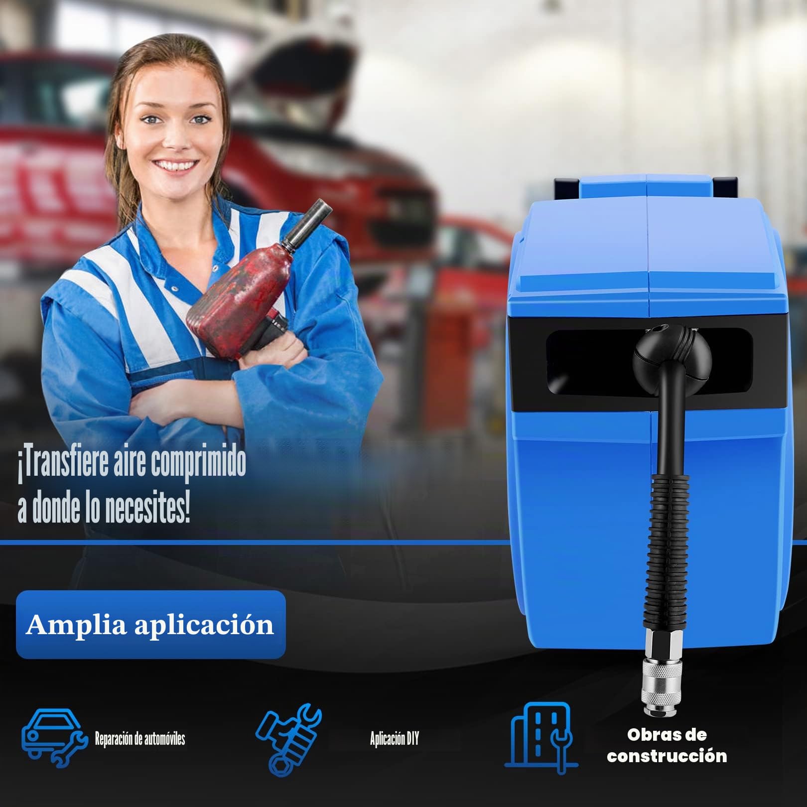 Carrete Automatico de Manguera de Aire Comprimido 15 m + 1.5 m, Carrete de Manguera de Neumática para la pared, Enrollador de Manguera de Aire por Taller, Conexión: 1/4", Max 12 bar, Φ9.5mm