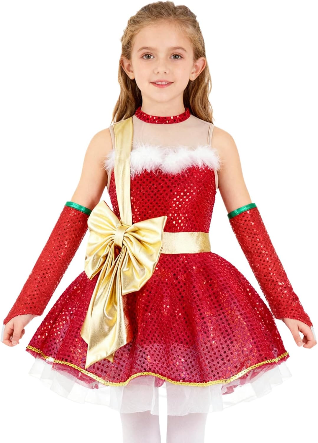 Hansber Kids Girls Christmas Dance Sequins Ballet Tutu Dress Leotard Figure Ice Skating Dress with Oversleeves