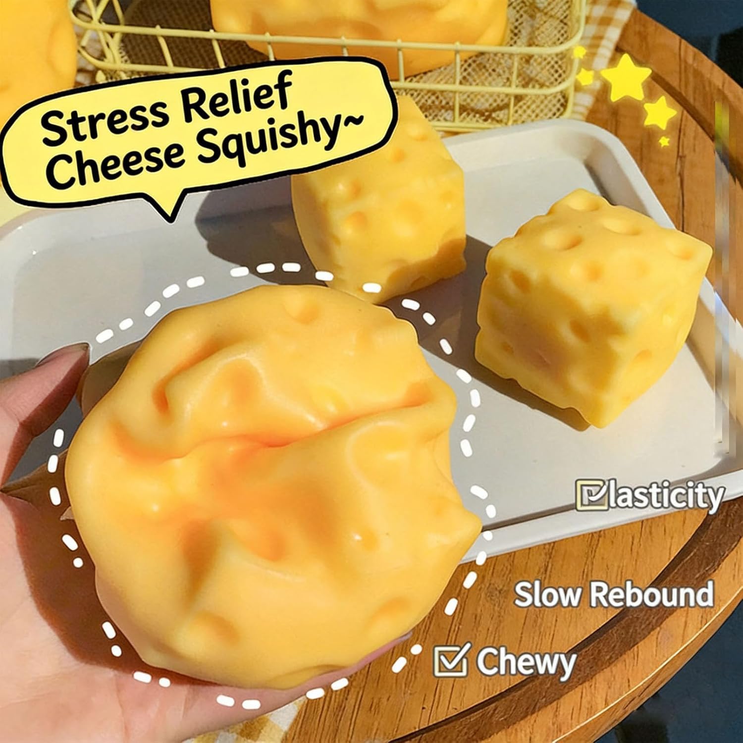 Yellow Cheese Squishy Slow Rising, 2026 New Extra Large Squishy Squeeze Cheese Block, Soft Novelty Toy, Stress Balls for Adults Rebounding Sensory Squishys Cheese (2.4in) - 4