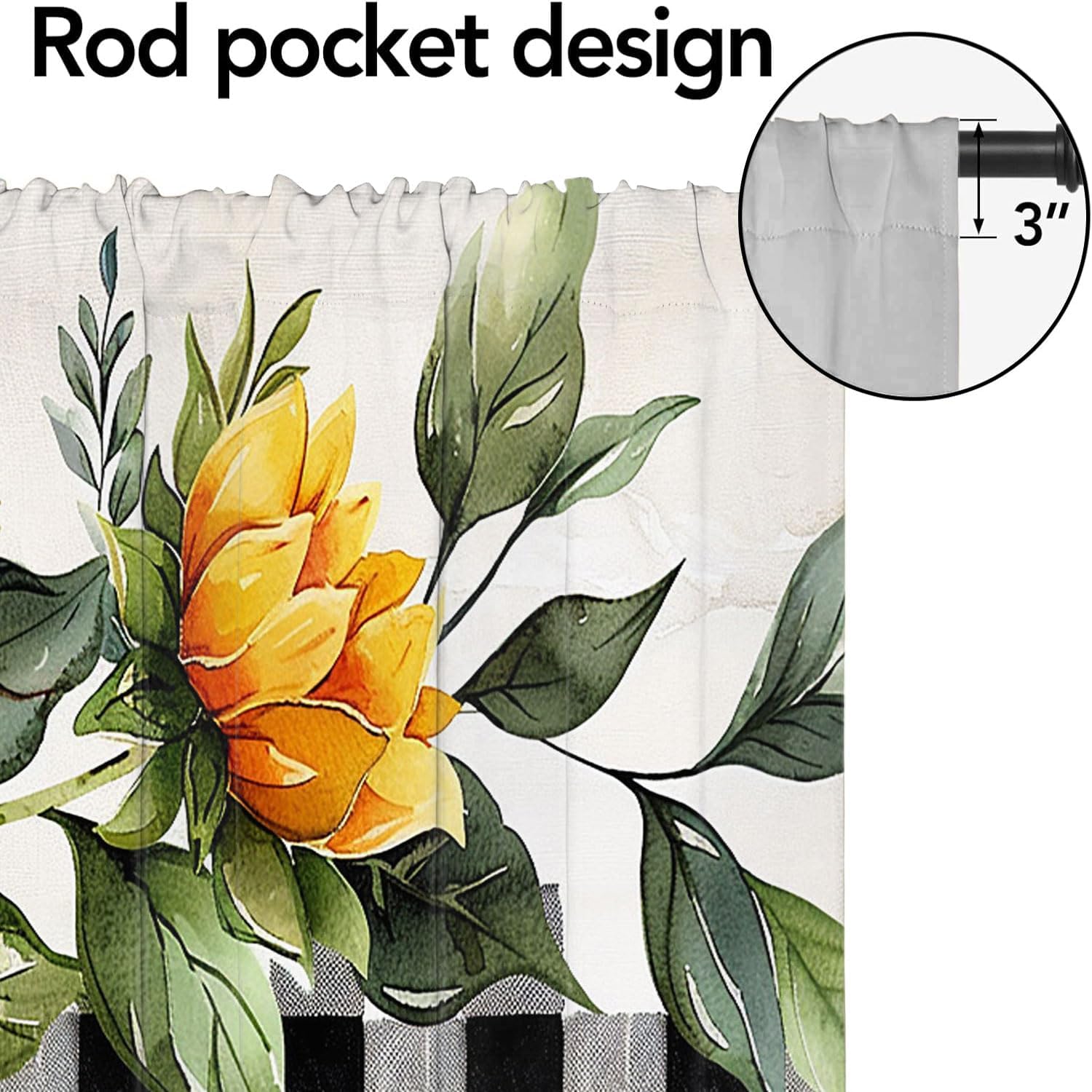 Sunflower Window Curtain Valances Buffalo Plaid with Yellow Flower Plants Farmhouse Light Filtering Valances Rod Pocket Window Treatment for Kitchen 54 x 18 Inch, 2 Panel