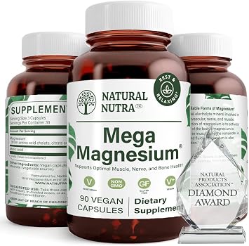 Natural Nutra Mega Magnesium 400mg Supplement - High Absorption Amino Acid Chelate, Citrate, Malate Blend for Muscle Growth, Bone Strength, Heart Health, Nerve Support - 90 Capsules Pack of 3
