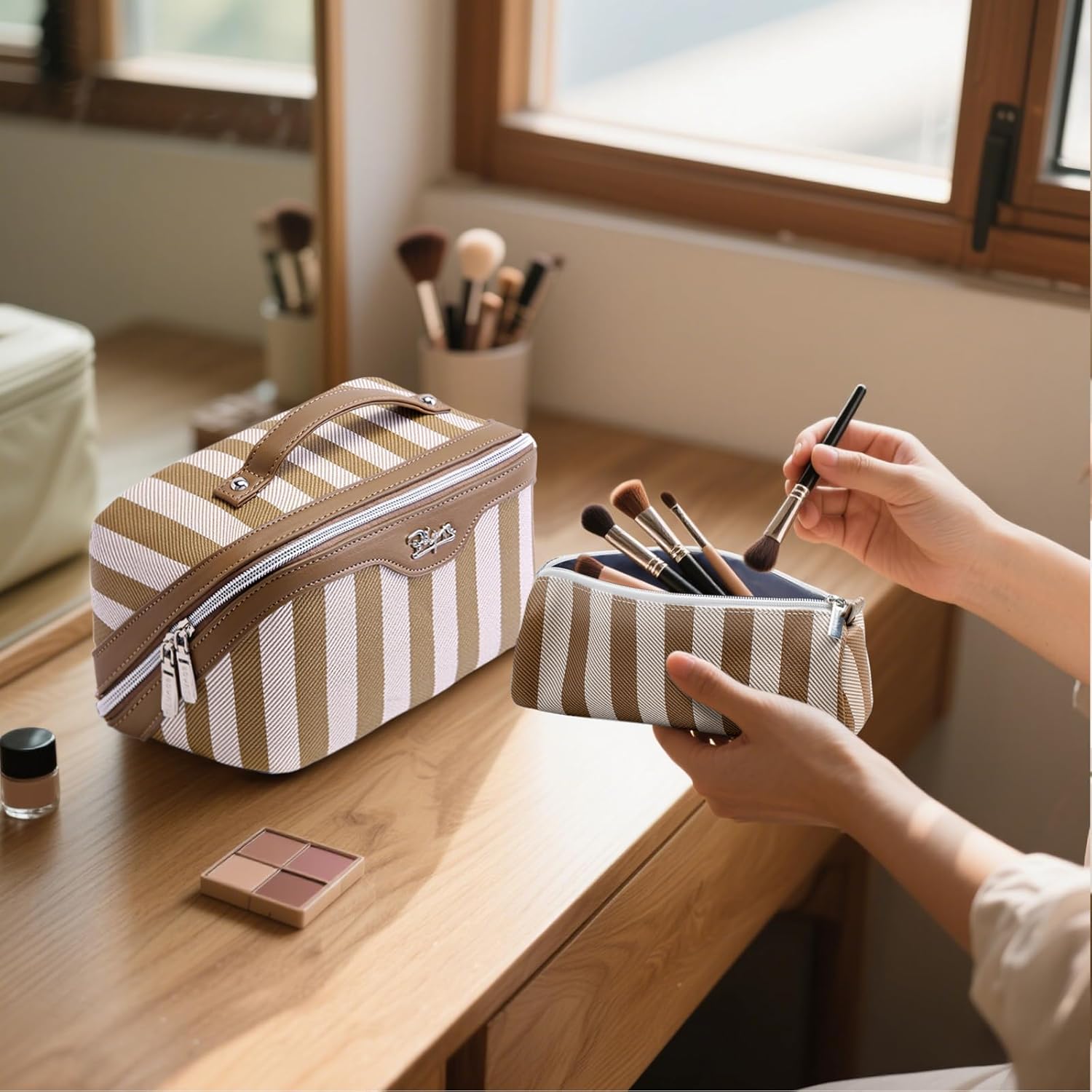 BOYATU Travel Makeup Bag for Women: Large Cosmetic Bag Set of 3 - PU Leather Make up Bag with Compartments - Compact Waterproof Toiletry Bag with Divider & Handle (B-5-Brown)