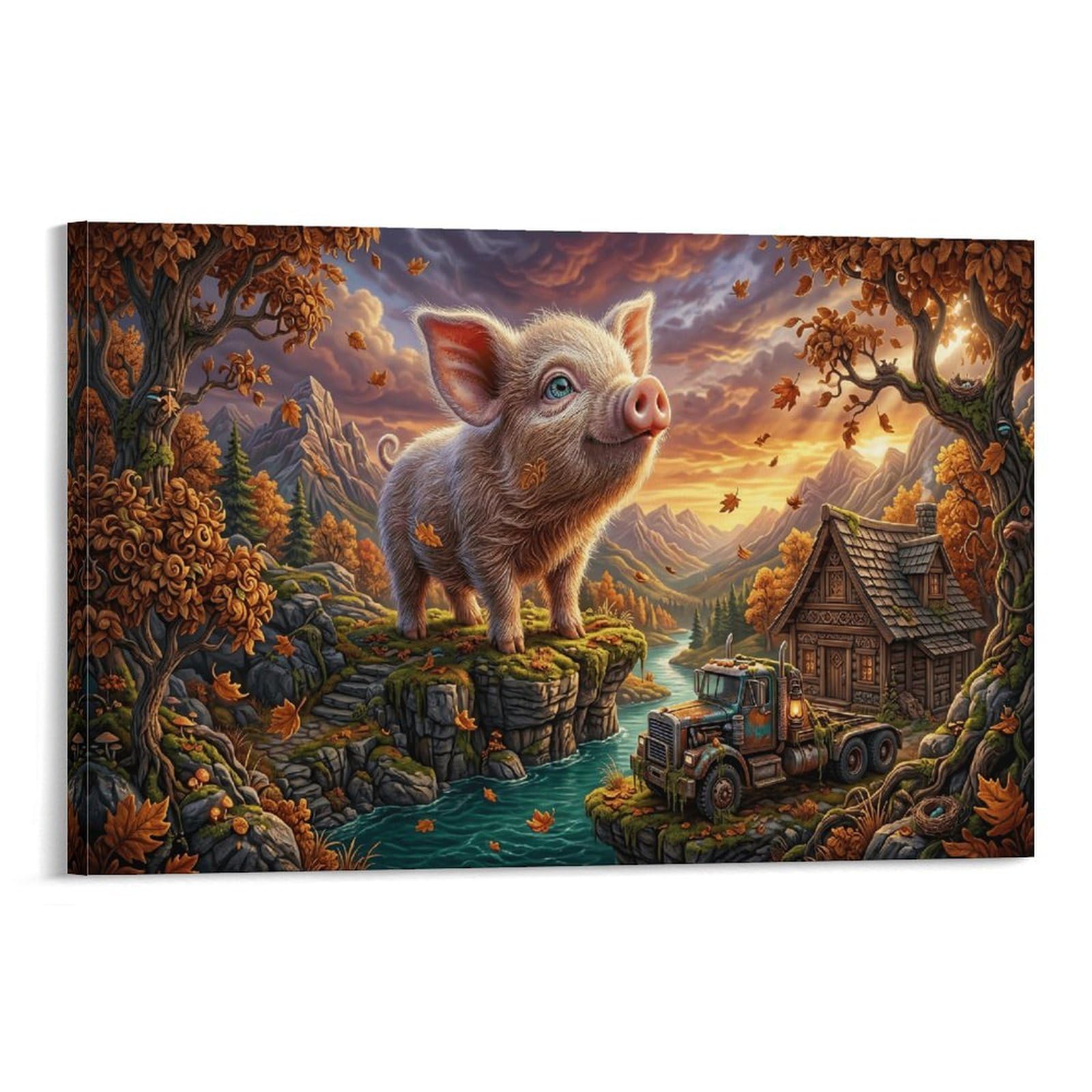 XPASHIQWC Cute Piglet Wall Decor Poster Autumn River Valley Canvas Prints Picture Modern Wall Art Picture Wall Hanging for Bedroom Living Room Decor 24x36inch(60x90cm)
