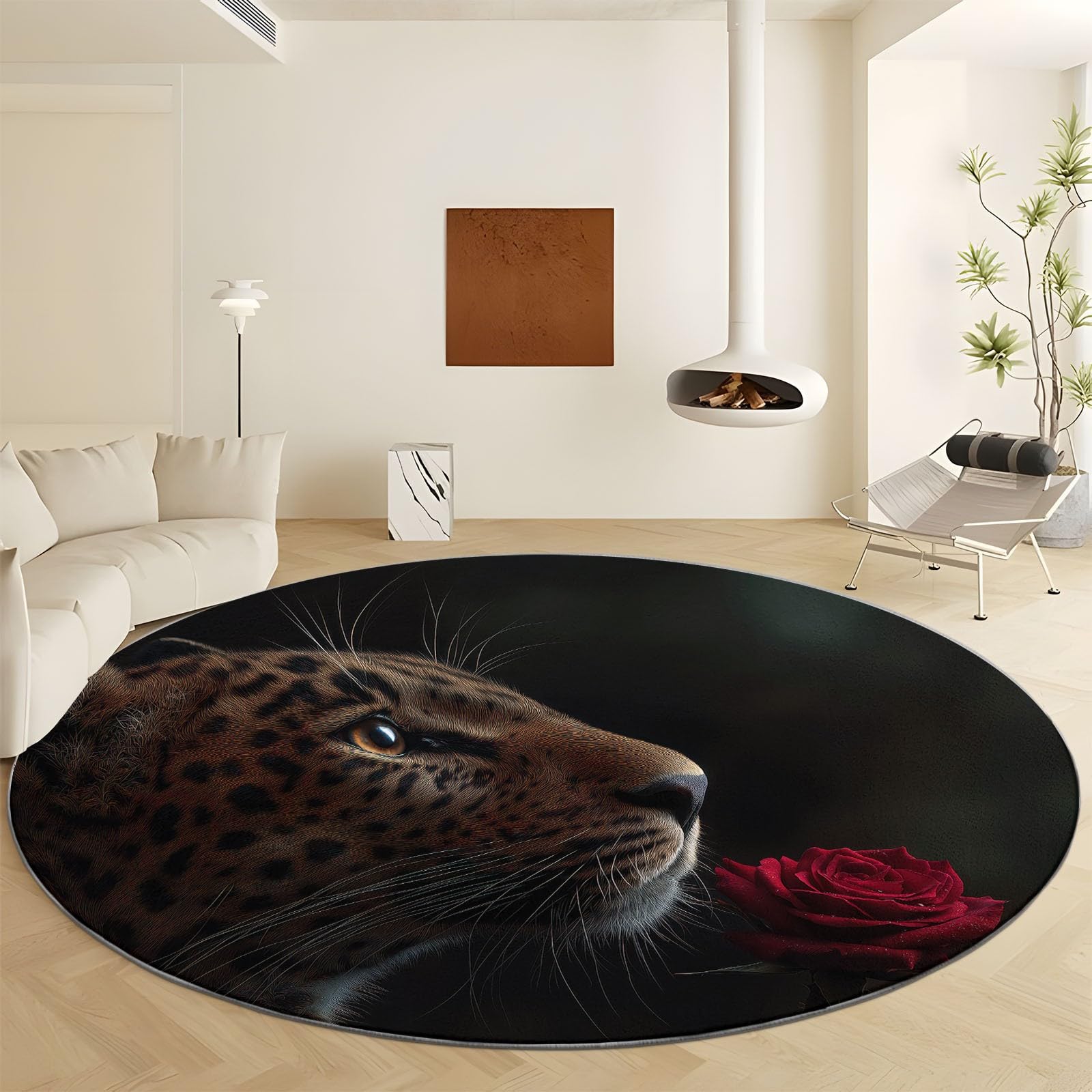 Tapis rond léopard et roses dans une salle à manger moderne