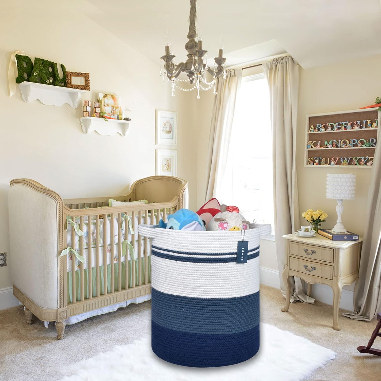 COMSE 2 Pack Tall Laundry Baskets, Tall Blanket Baskets, Laundry Hampers, Cotton Rope Baskets, Toy Baskets, Clothes Baskets, 15.7" x 21.7", Gray and Blue